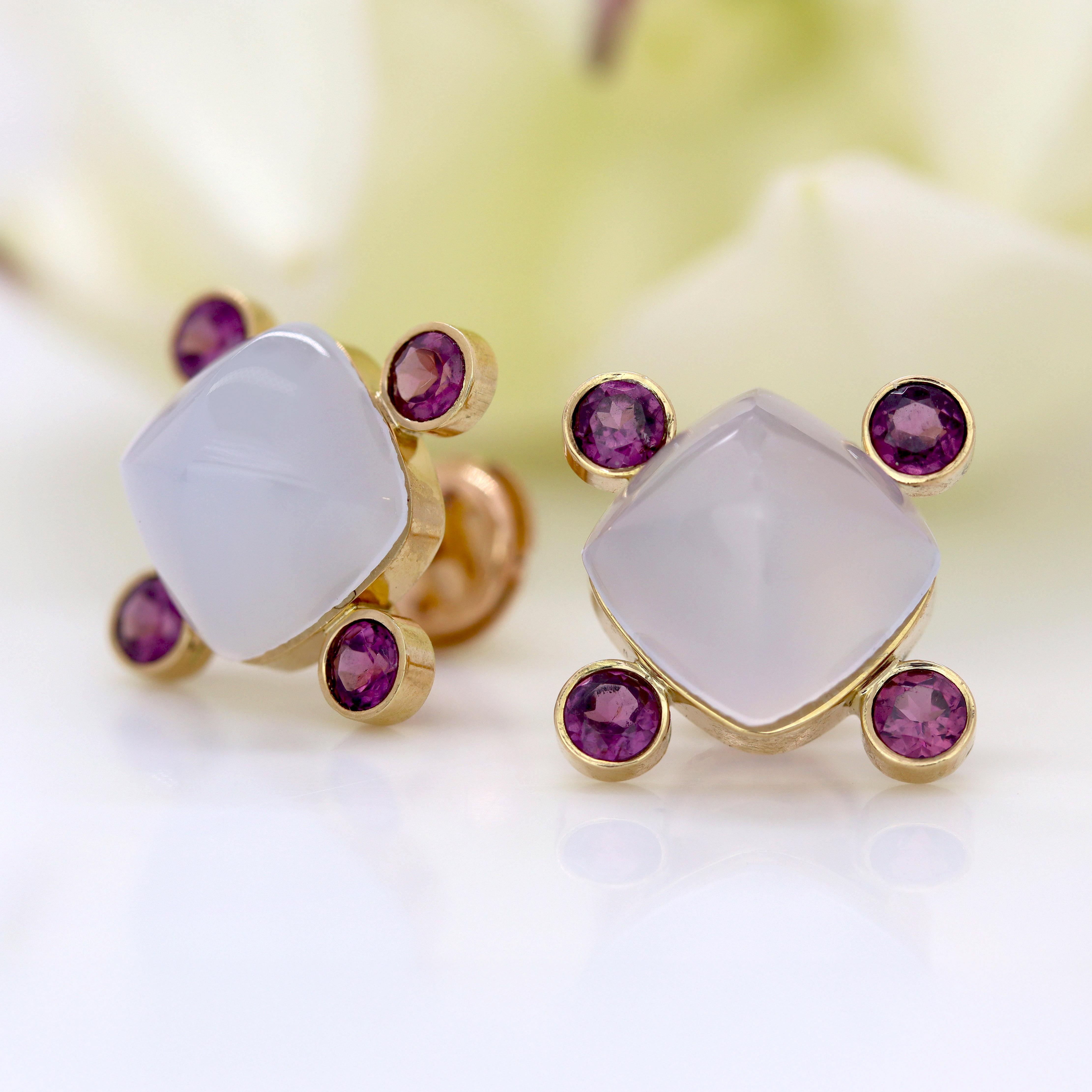 Contemporain Baume Creation Boucles d'oreilles or jaune 18 carats grenat calcédoine Sugarloaf en vente