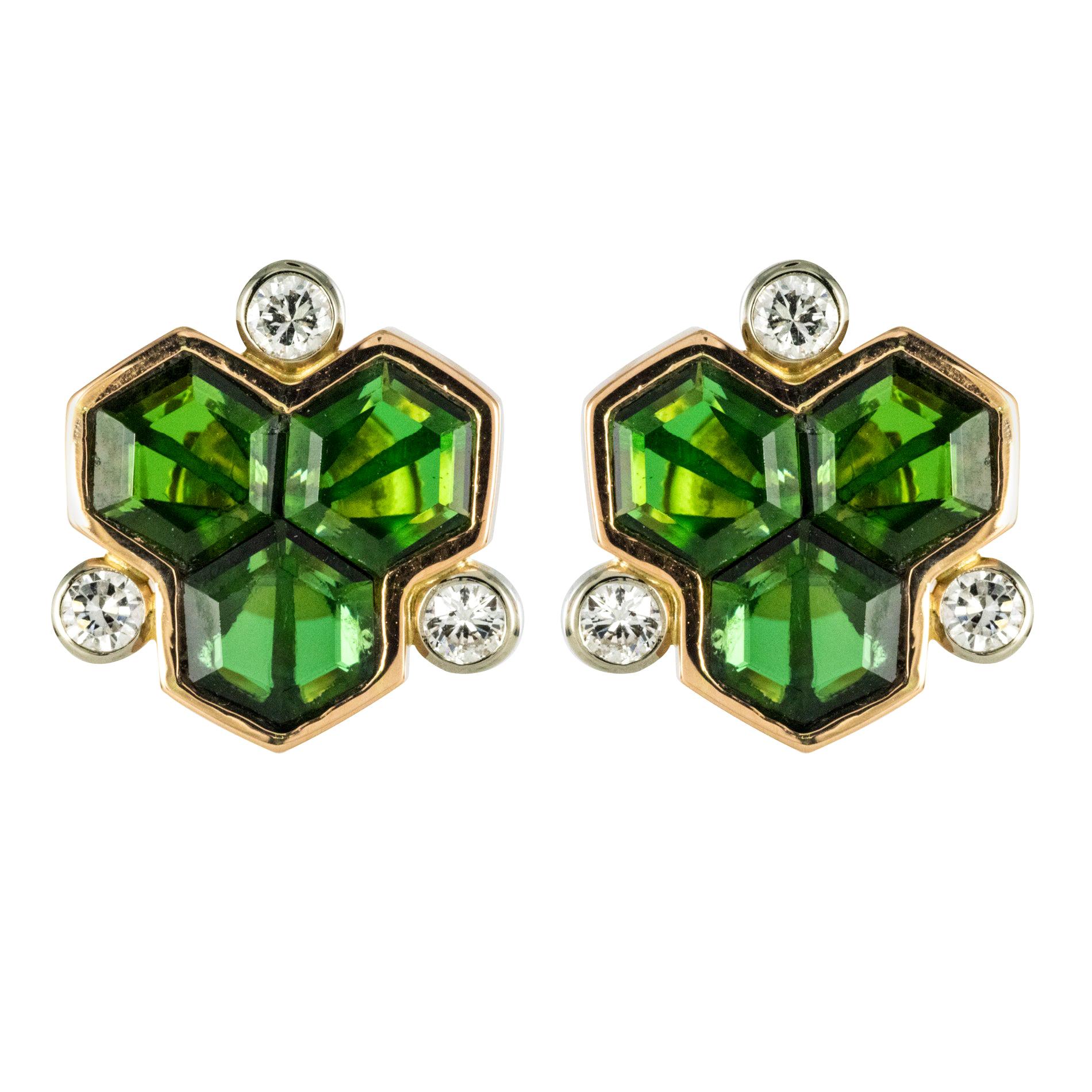 Baume Creation Tourmaline Diamonds 18 Karat Yellow Gold Stud Earrings For Sale