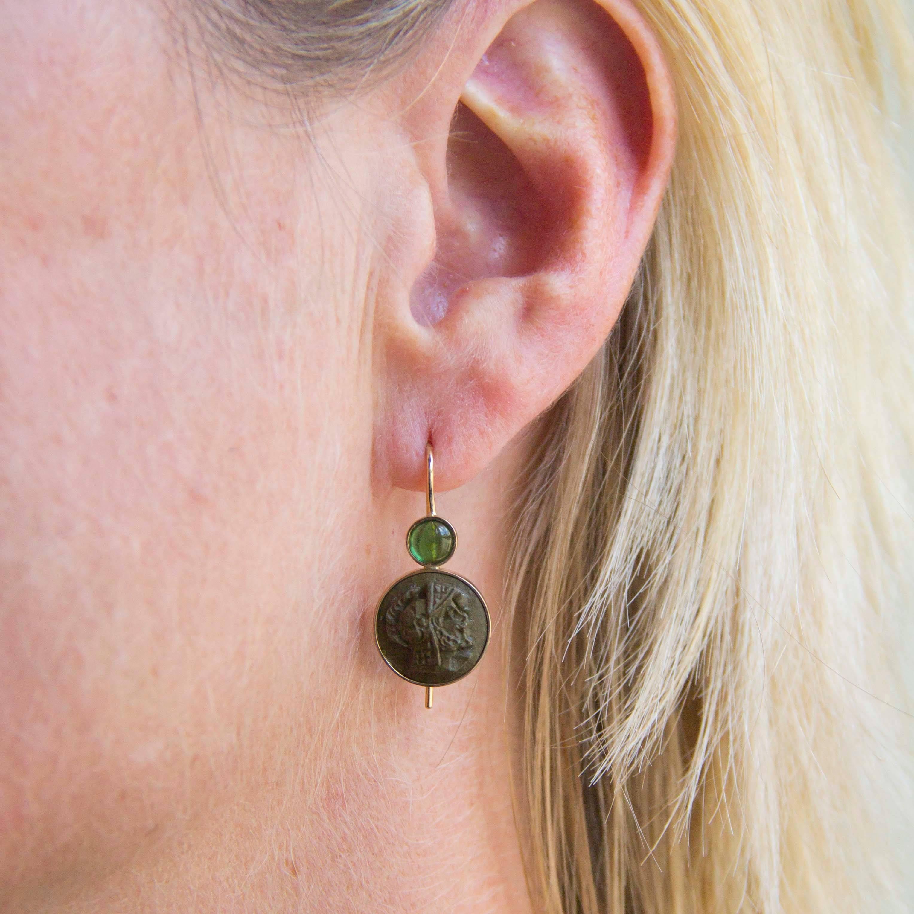 Empire Baume Creation Tourmaline Lava Stone Cameo Gold Drop Earrings For Sale