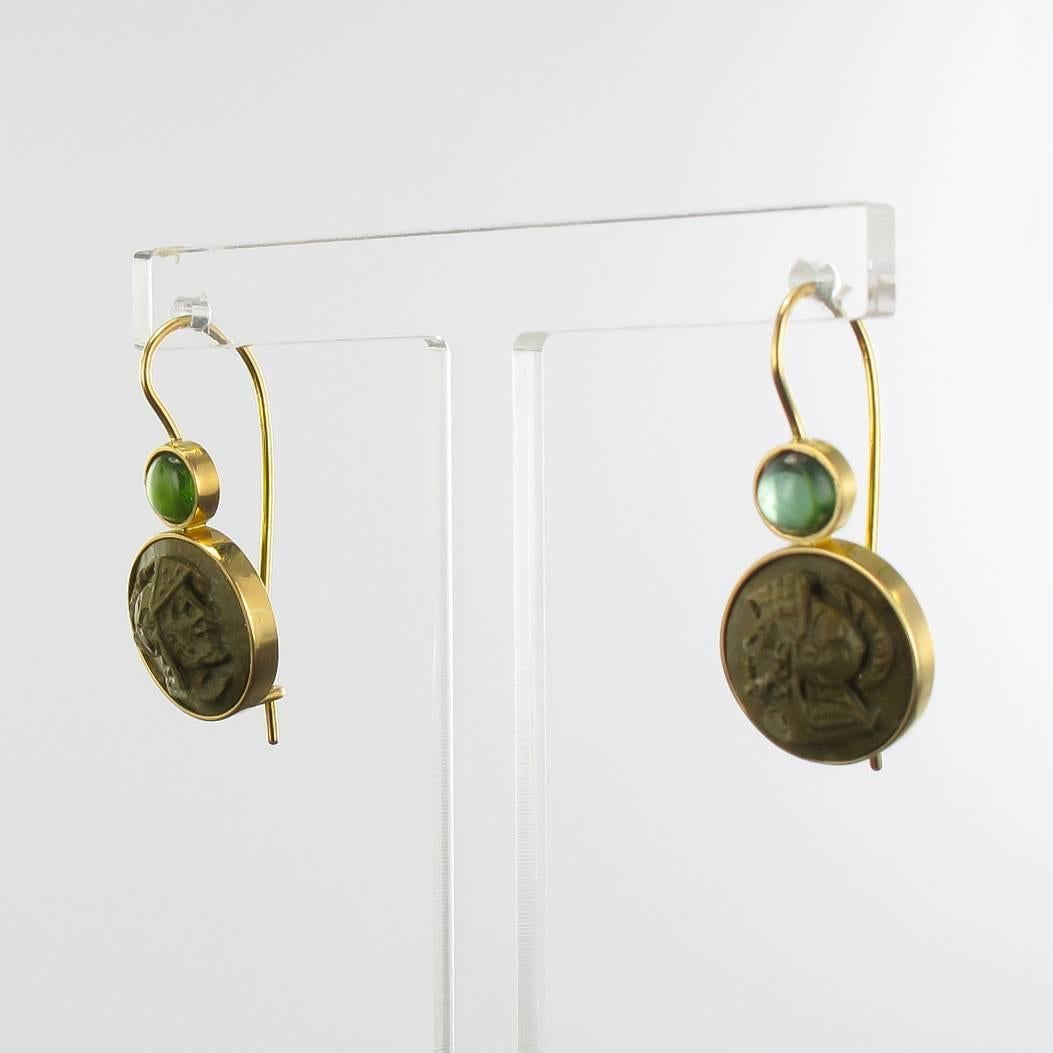 Baume Creation Tourmaline Lava Stone Cameo Gold Drop Earrings In New Condition For Sale In Poitiers, FR