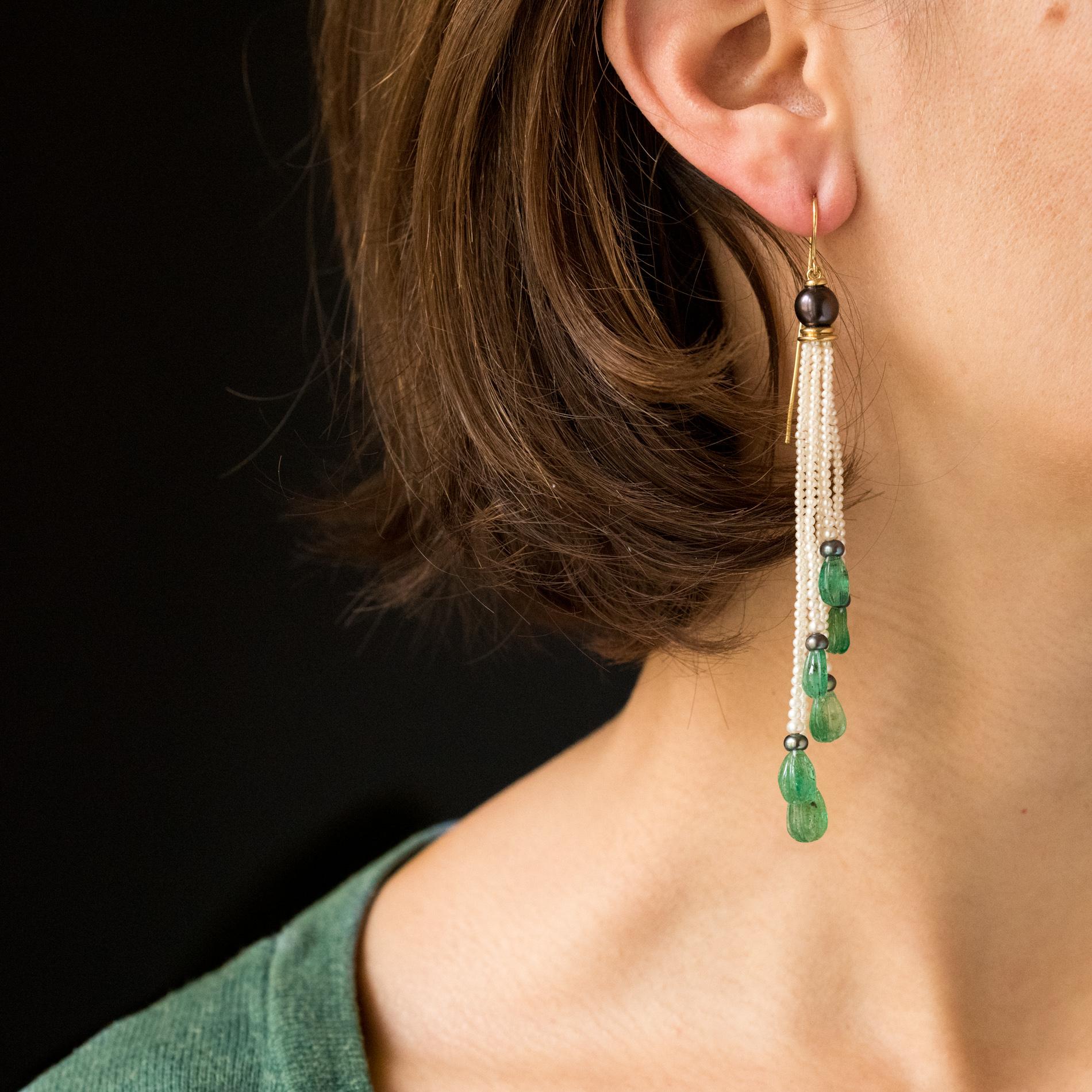 Baume Engraved Emerald Pearl Long Dangle Earrings 1