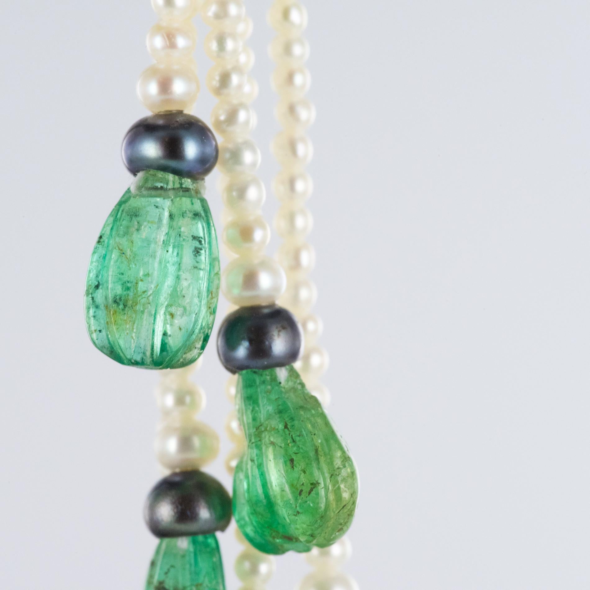 Baume Engraved Emerald Pearl Long Dangle Earrings 2