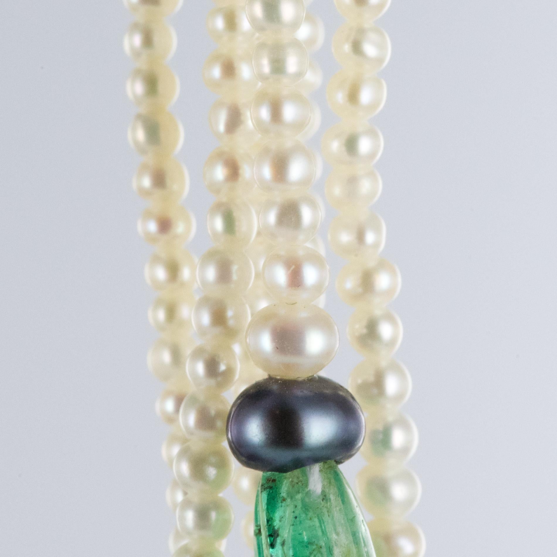 Baume Engraved Emerald Pearl Long Dangle Earrings 3