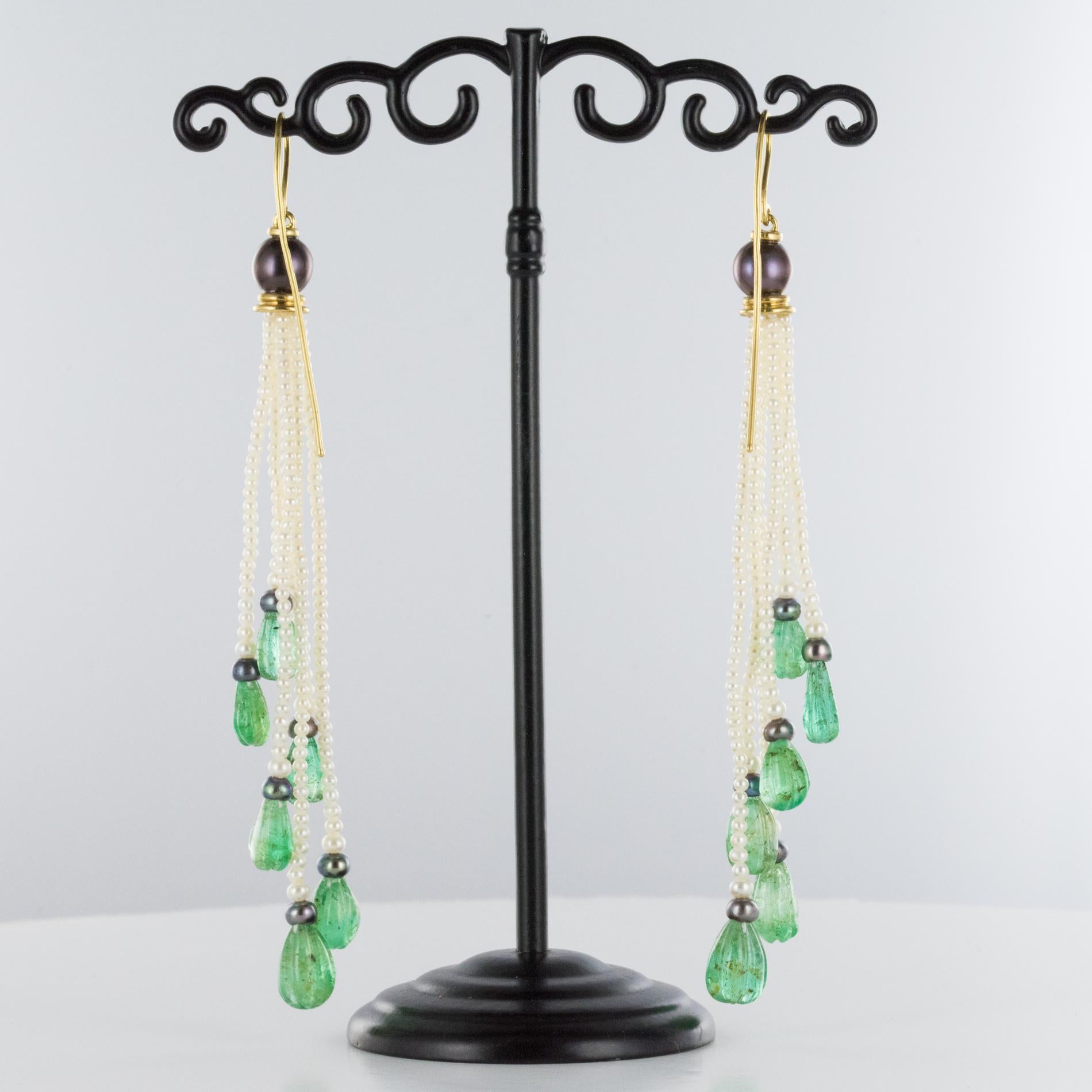 Baume Engraved Emerald Pearl Long Dangle Earrings 4