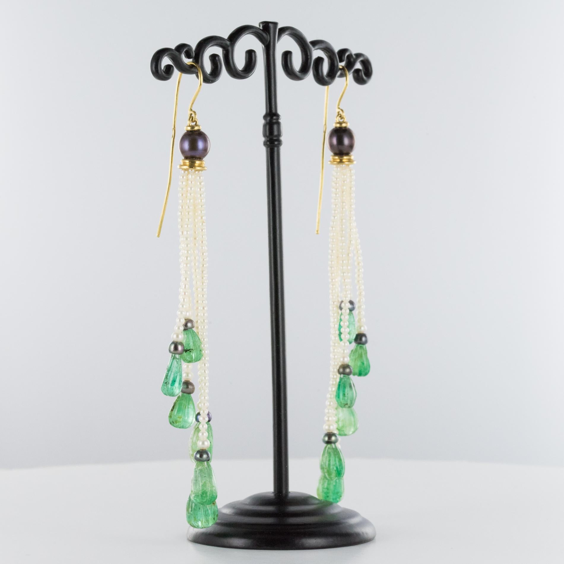 Baume Engraved Emerald Pearl Long Dangle Earrings 7