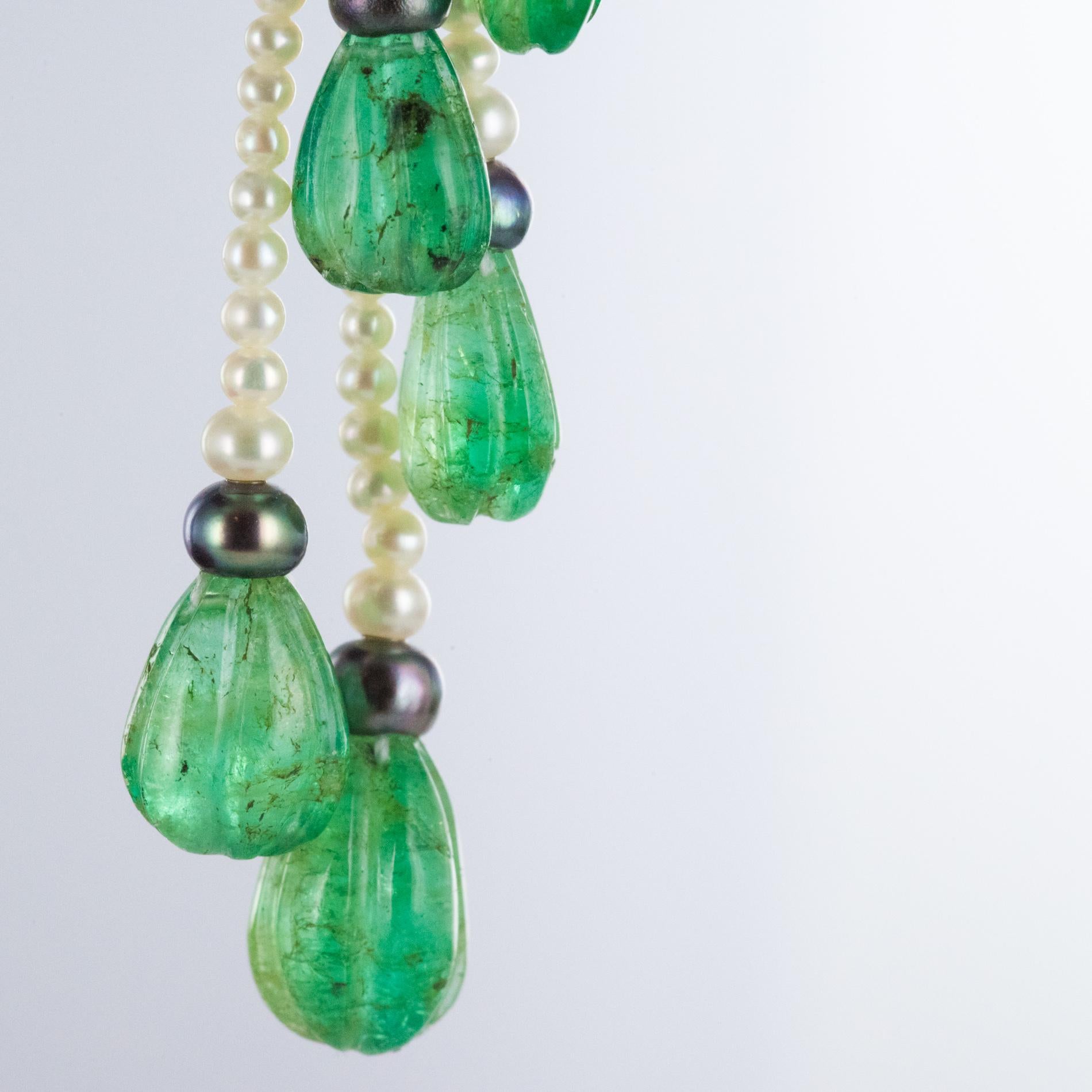 Baume Engraved Emerald Pearl Long Dangle Earrings 8