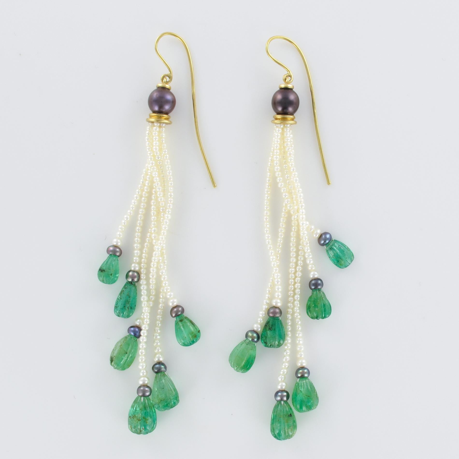Baume Engraved Emerald Pearl Long Dangle Earrings 9