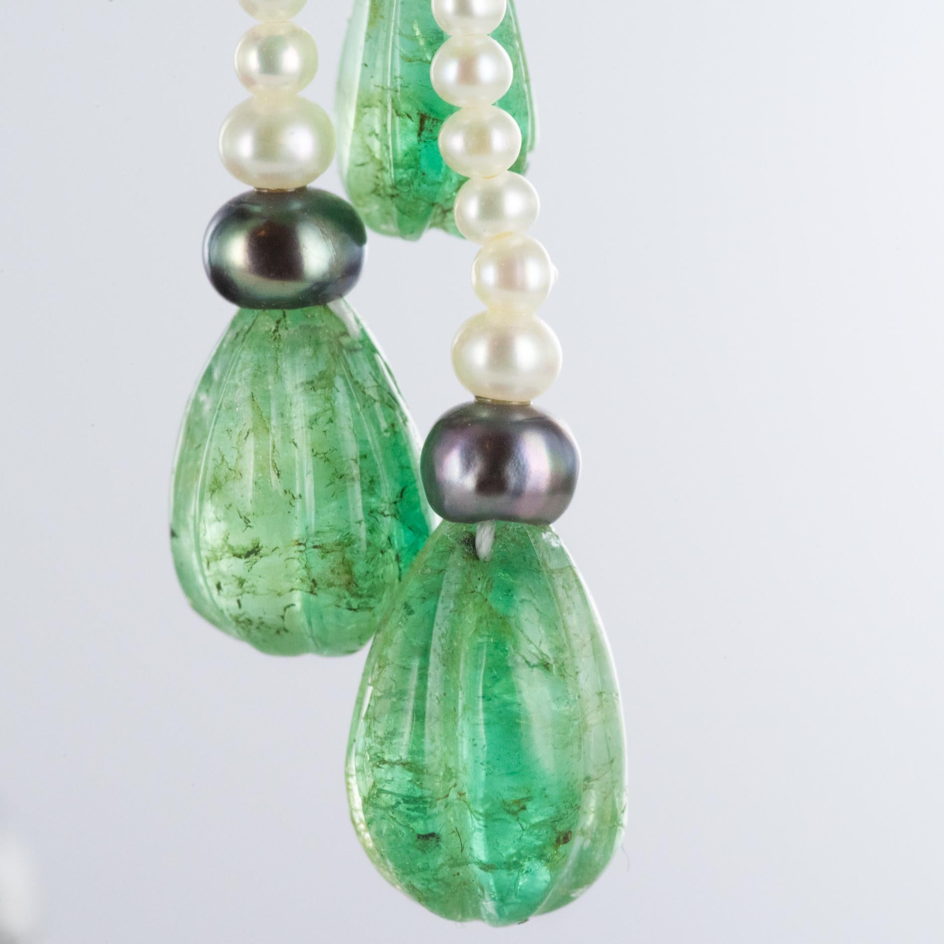 Women's Baume Engraved Emerald Pearl Long Dangle Earrings