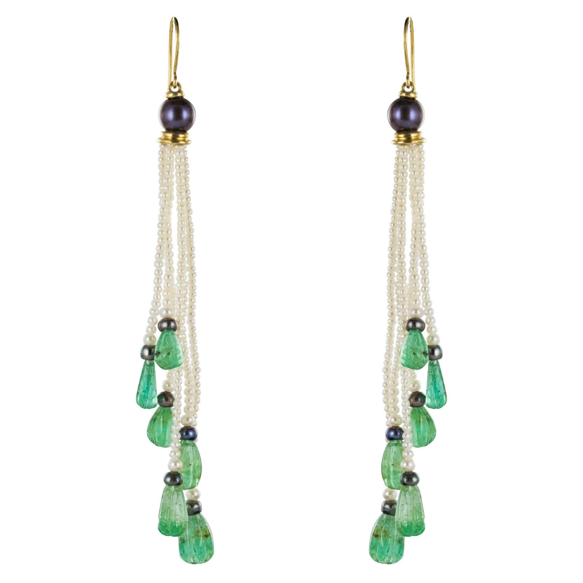 Baume Engraved Emerald Pearl Long Dangle Earrings