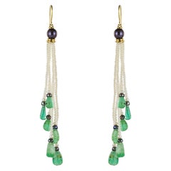 Baume Engraved Emerald Pearl Long Dangle Earrings