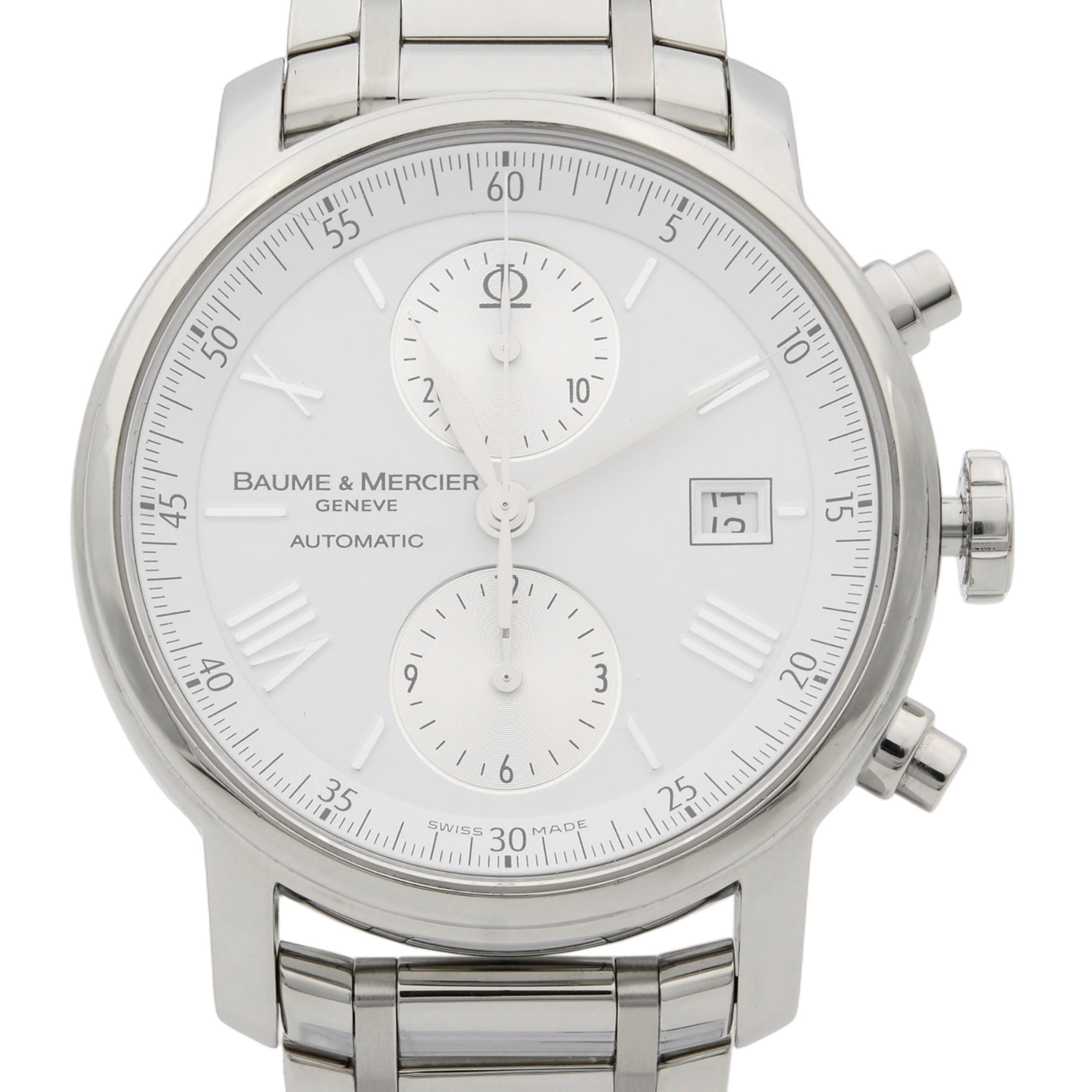 This pre-owned Baume et Mercier Classima XL 65591 is a beautiful men's timepiece that is powered by mechanical (automatic) movement which is cased in a stainless steel case. It has a round shape face, chronograph, chronograph hand, date indicator,