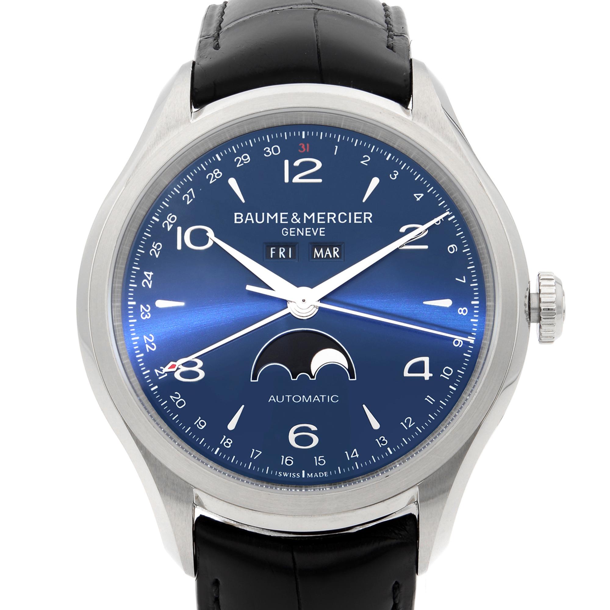 This display model Baume et Mercier Clifton MOA10057  is a beautiful men's timepiece that is powered by mechanical (automatic) movement which is cased in a stainless steel case. It has a round shape face, annual calendar, day & date, moon phase dial