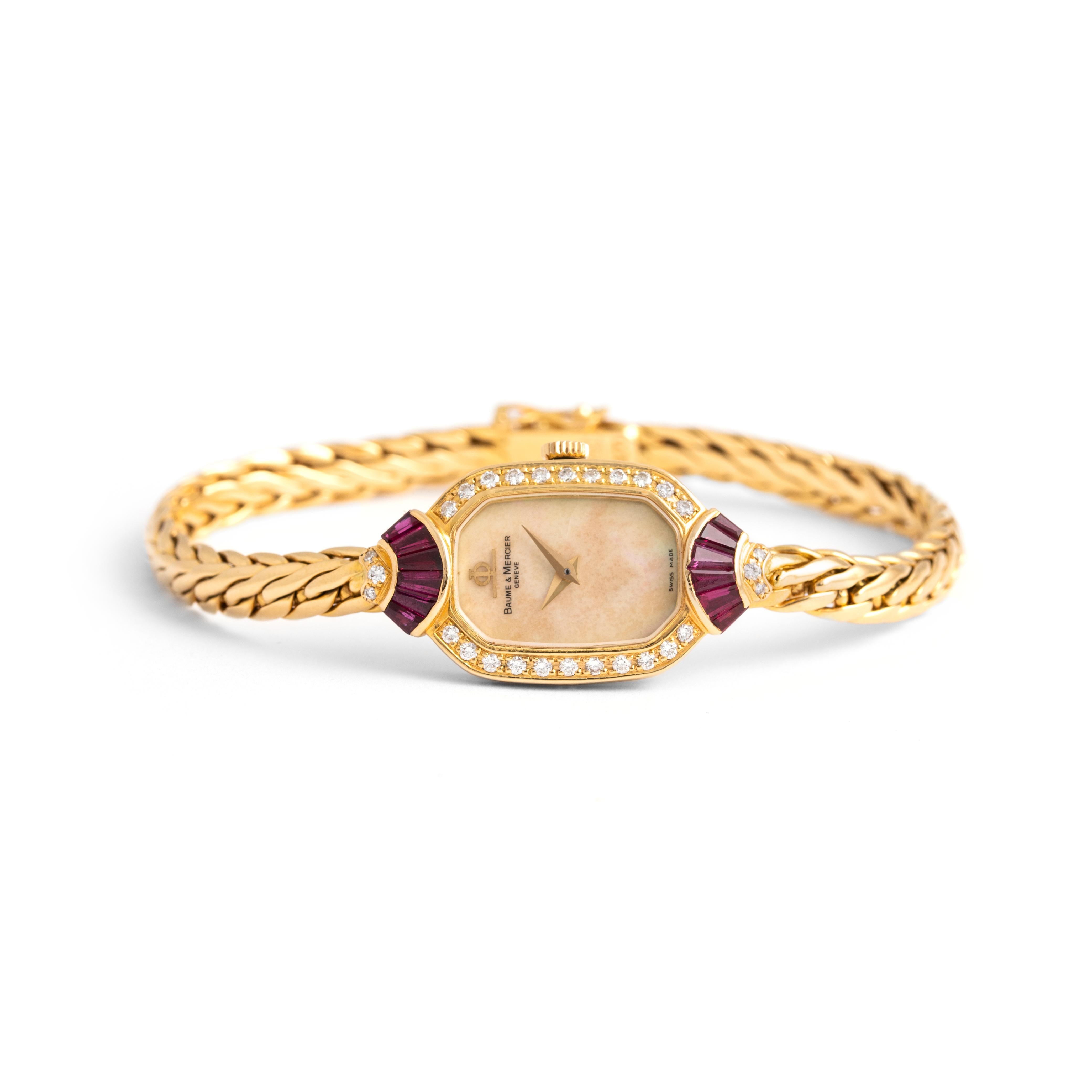 Round Cut Baume Et Mercier Diamond Ruby 18k Yellow Gold Wristwatch