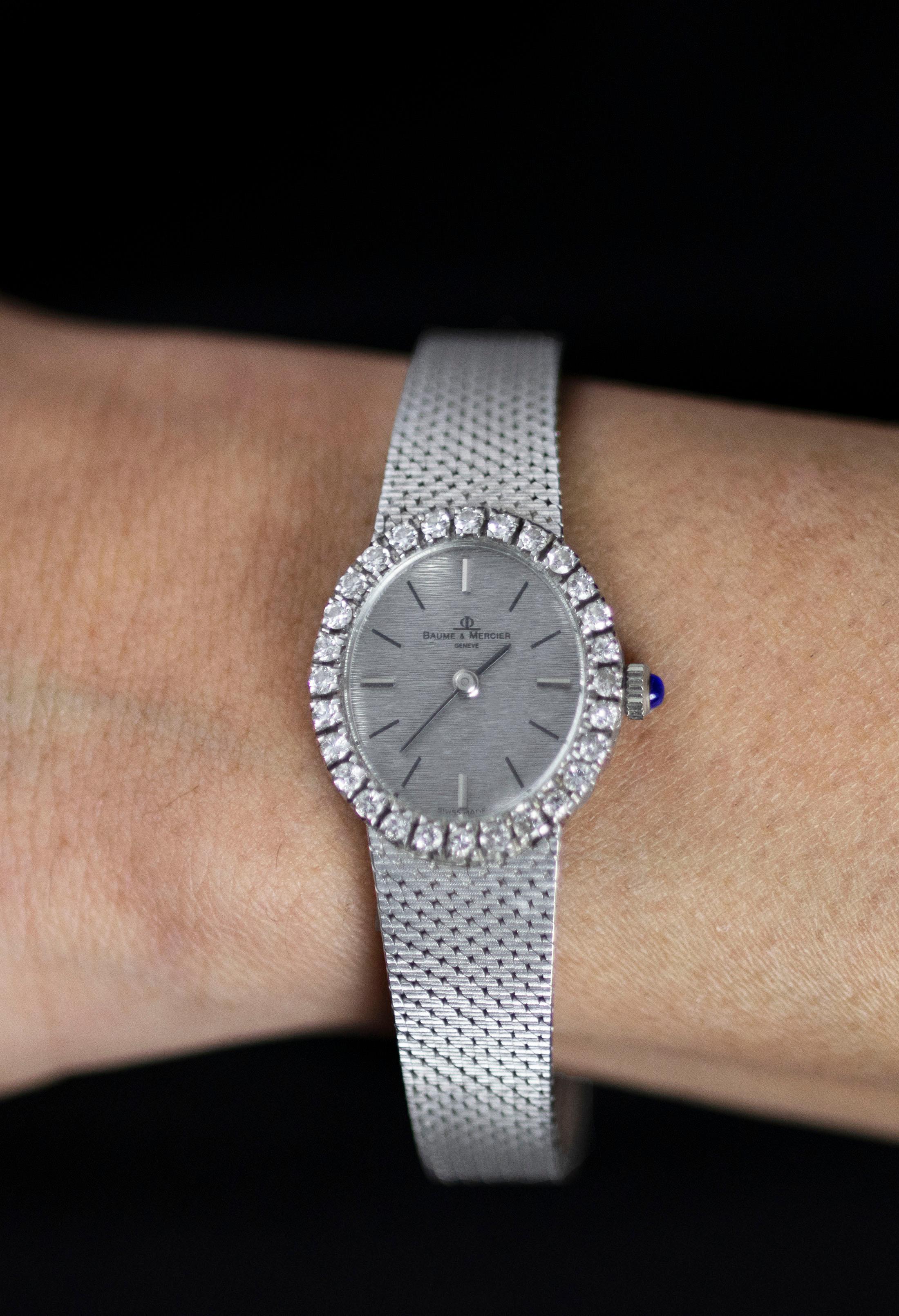 Baume et Mercier Ladies Antique Watch with Diamond Bezel and Blue Sapphire Crown For Sale 1