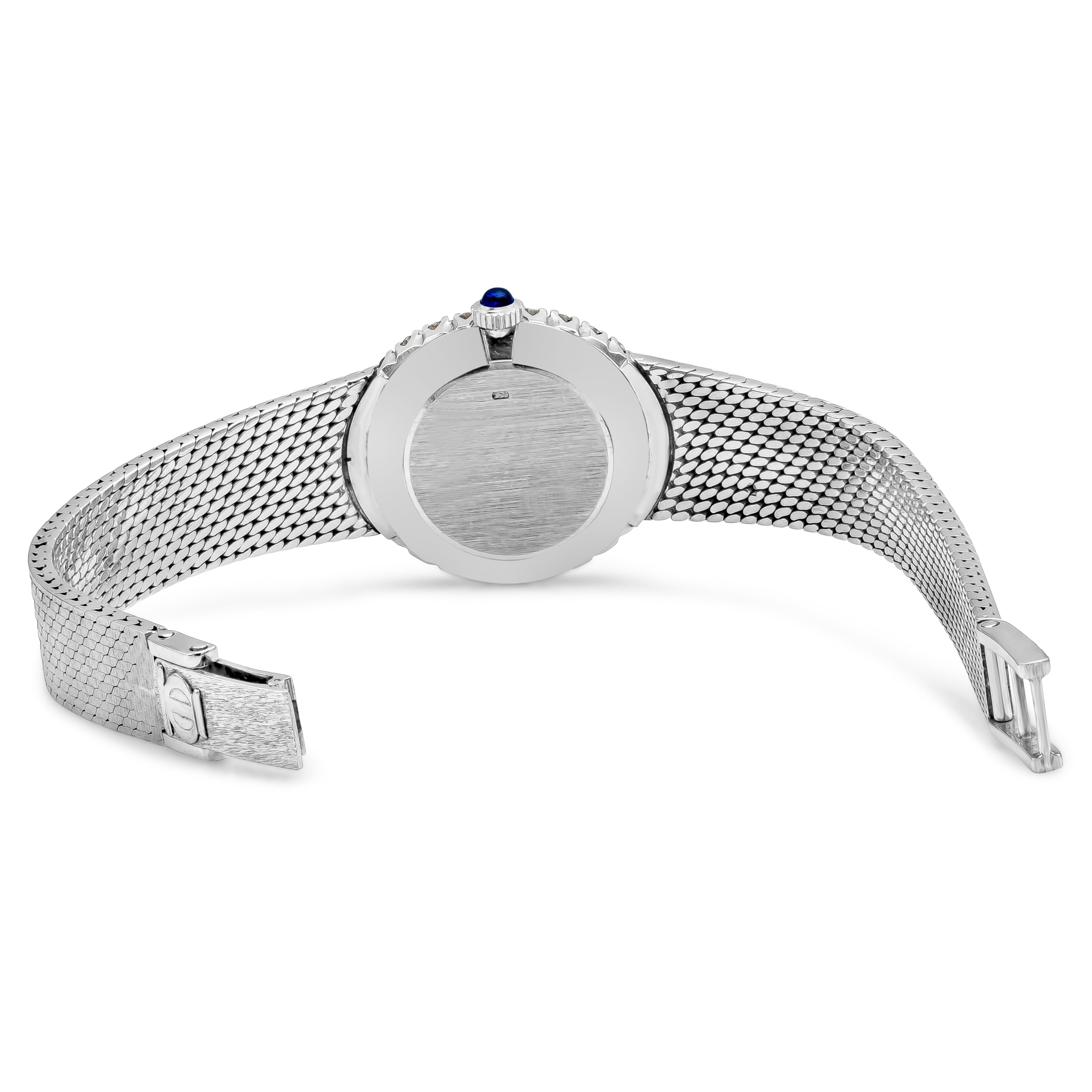 Round Cut Baume et Mercier Ladies Antique Watch with Diamond Bezel and Blue Sapphire Crown For Sale