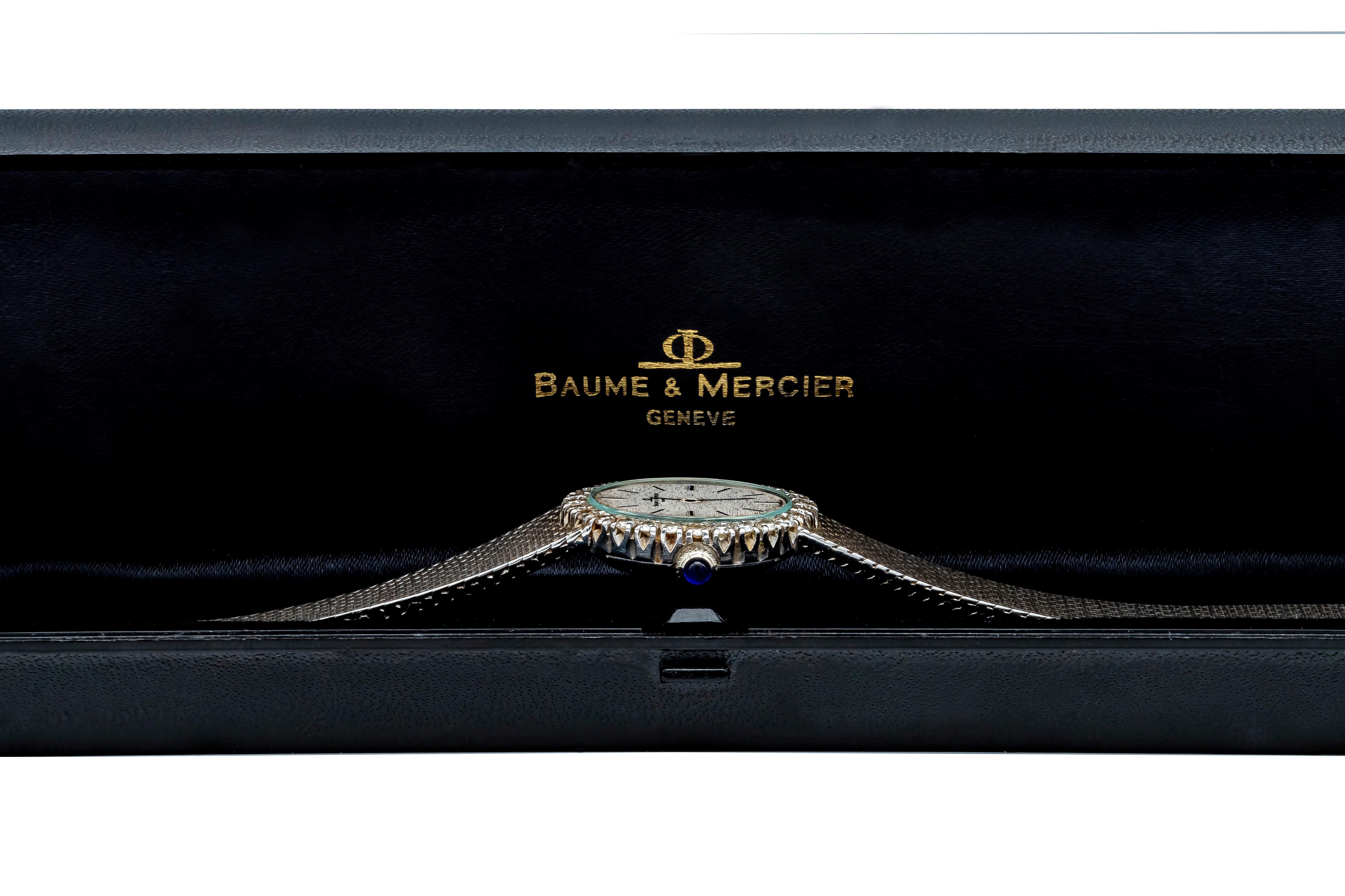 Women's Baume et Mercier Ladies Antique Watch with Diamond Bezel and Blue Sapphire Crown For Sale