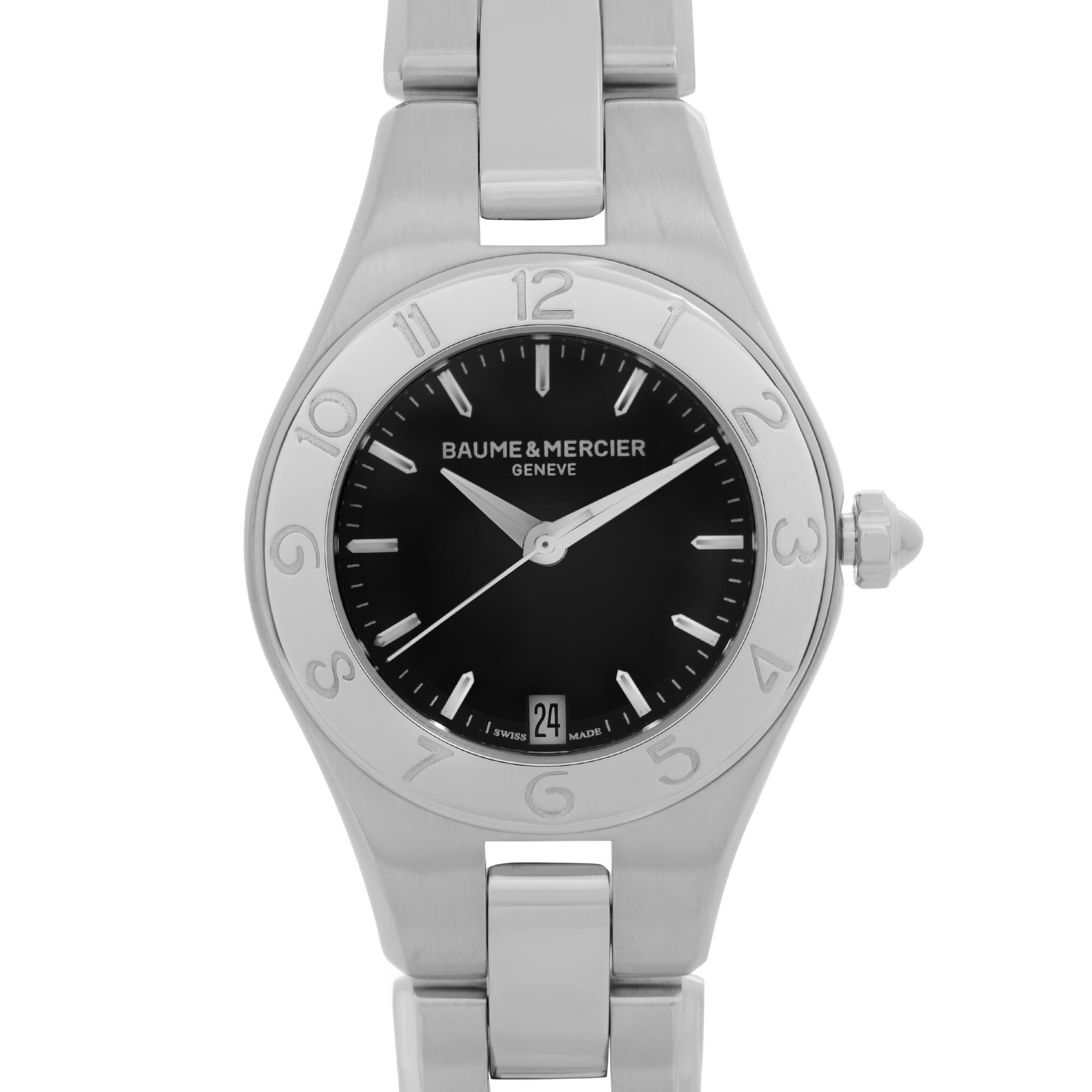 Pre Owned Baume et Mercier Linea 27mm Stainless Steel Black Dial Quartz Ladies Watch 10010. This Beautiful Timepiece is Powered by Quartz (Battery) Movement And Features: Round Stainless Steel Case, Bracelet and Bezel. Black Dial with Silver-Tone