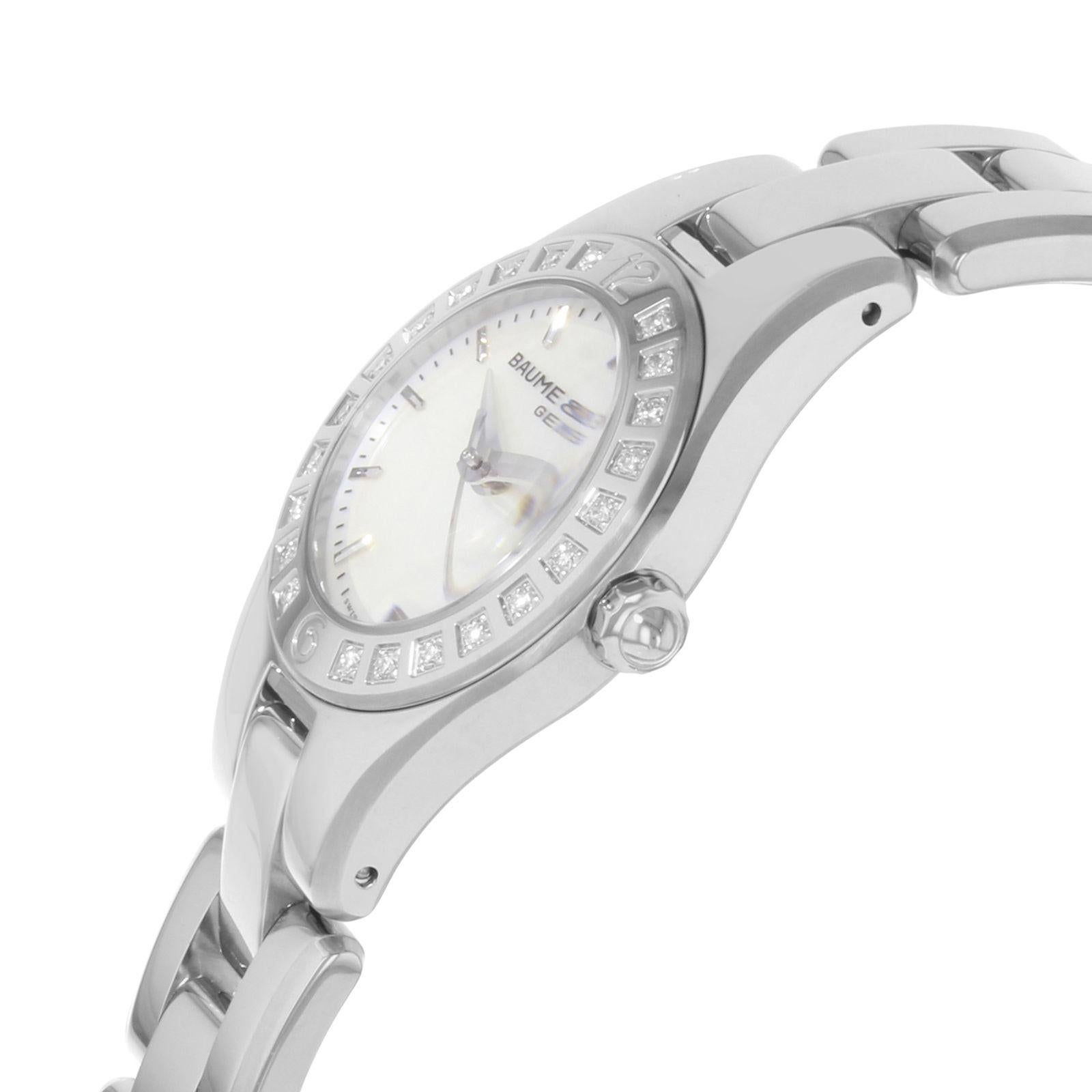 Baume et Mercier Linea MOP Dial Steel Diamonds Quartz Ladies Watch MOA10078 In Excellent Condition In New York, NY