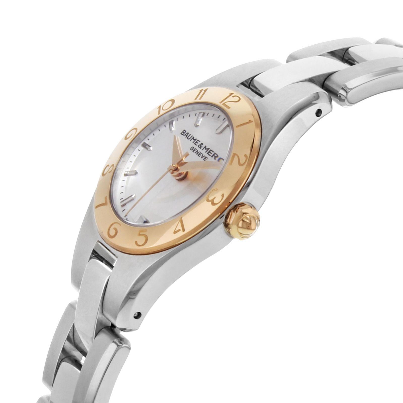 Baume et Mercier Linea Steel Gold-Plated Silver Dial Quartz Ladies MOA10079 In Excellent Condition In New York, NY