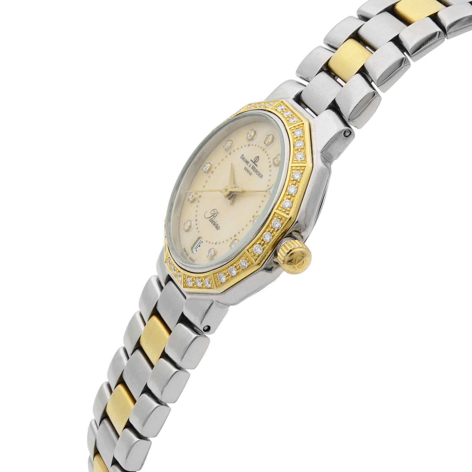 Baume et Mercier Riviera zweifarbig Stahl Diamant MOP Damen Quarzuhr 5231 im Zustand „Gut“ in New York, NY