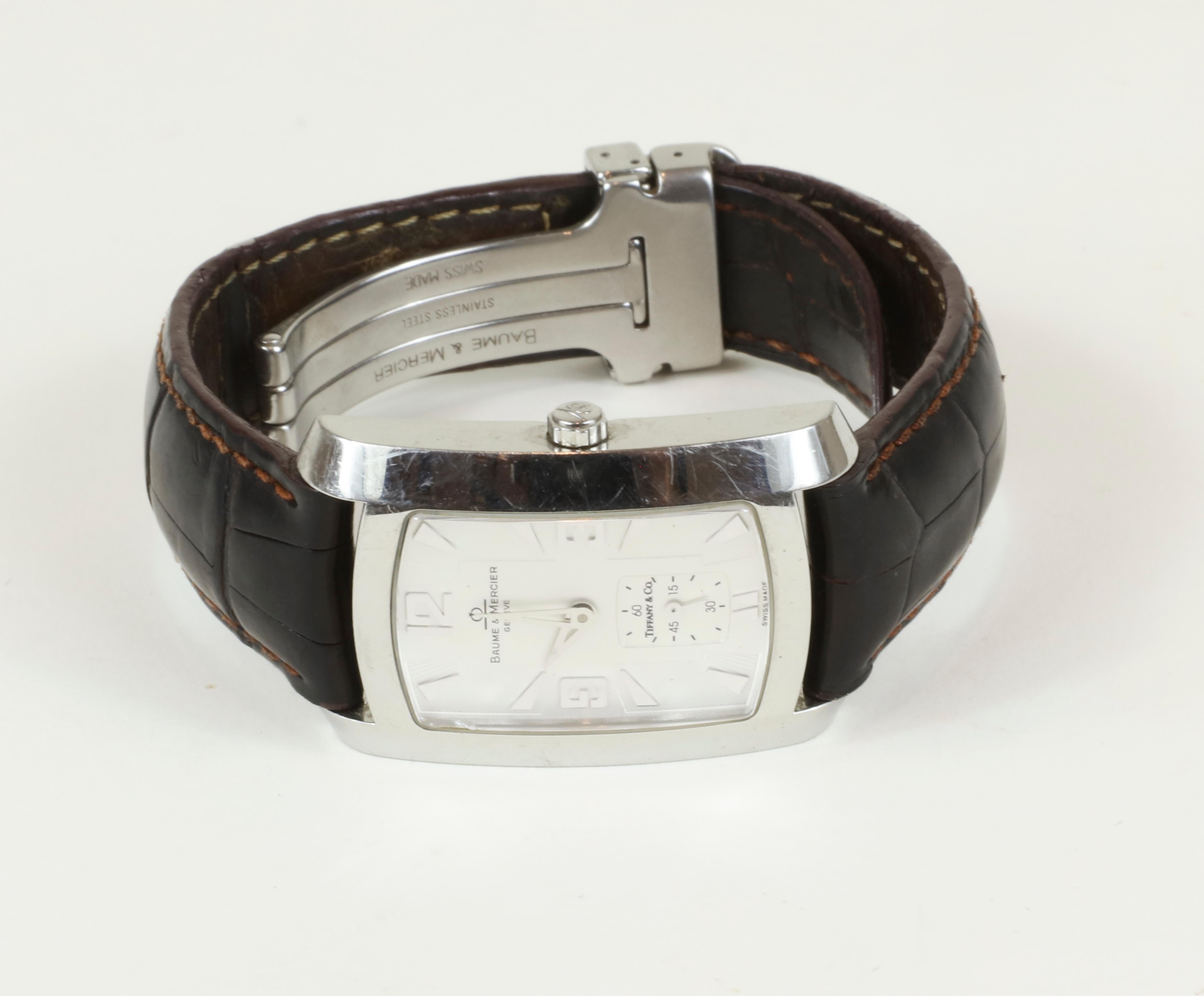 Women's or Men's Baume et Mercier Stainless Steel Black Leather Strap Watch