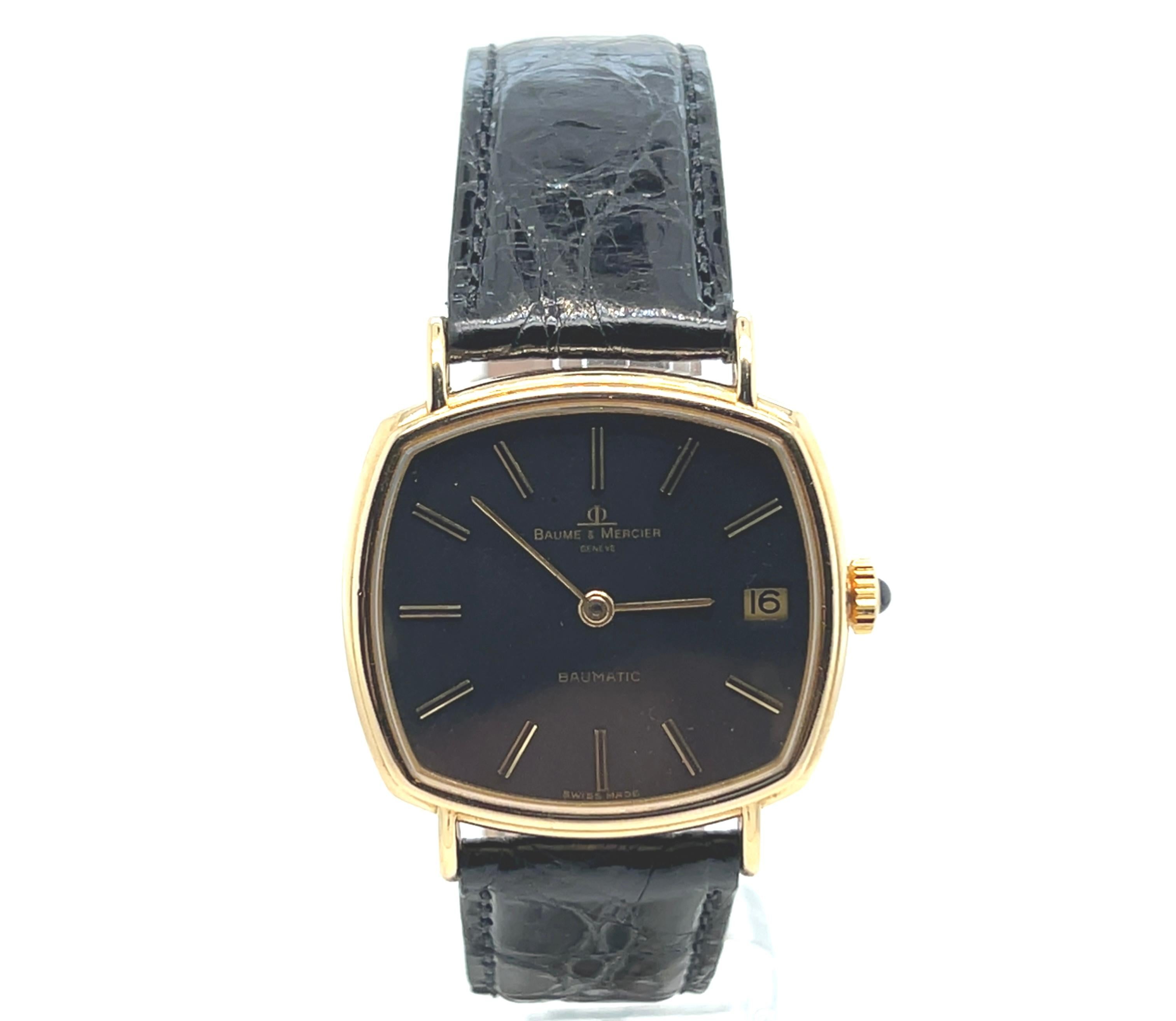 Baume et Mercier Yellow Gold 18 Carats Black Leather Strap Cushion Shape Watch For Sale 3