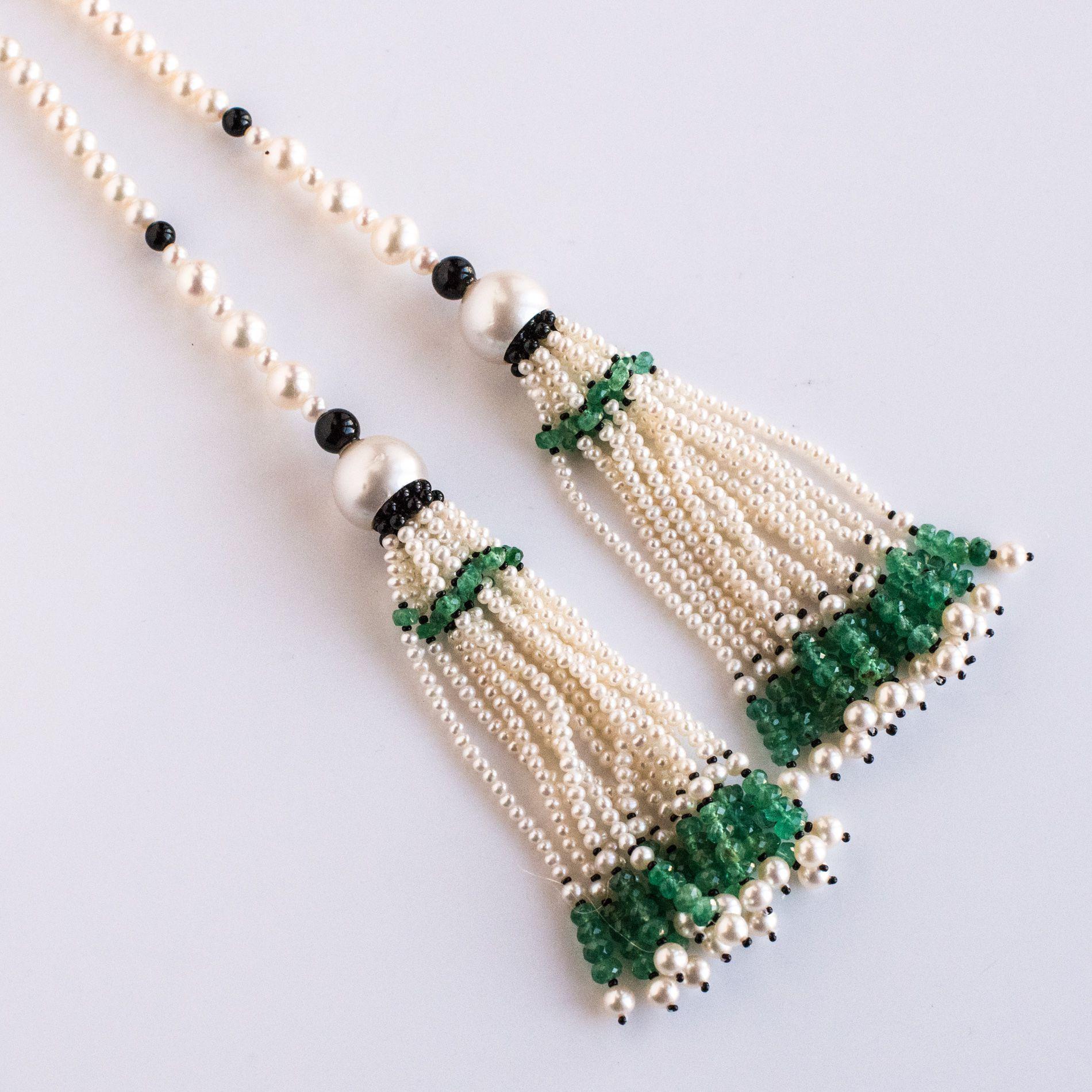 Baume Long Onyx Pearl Emerald Art Deco Style Necklace For Sale 6