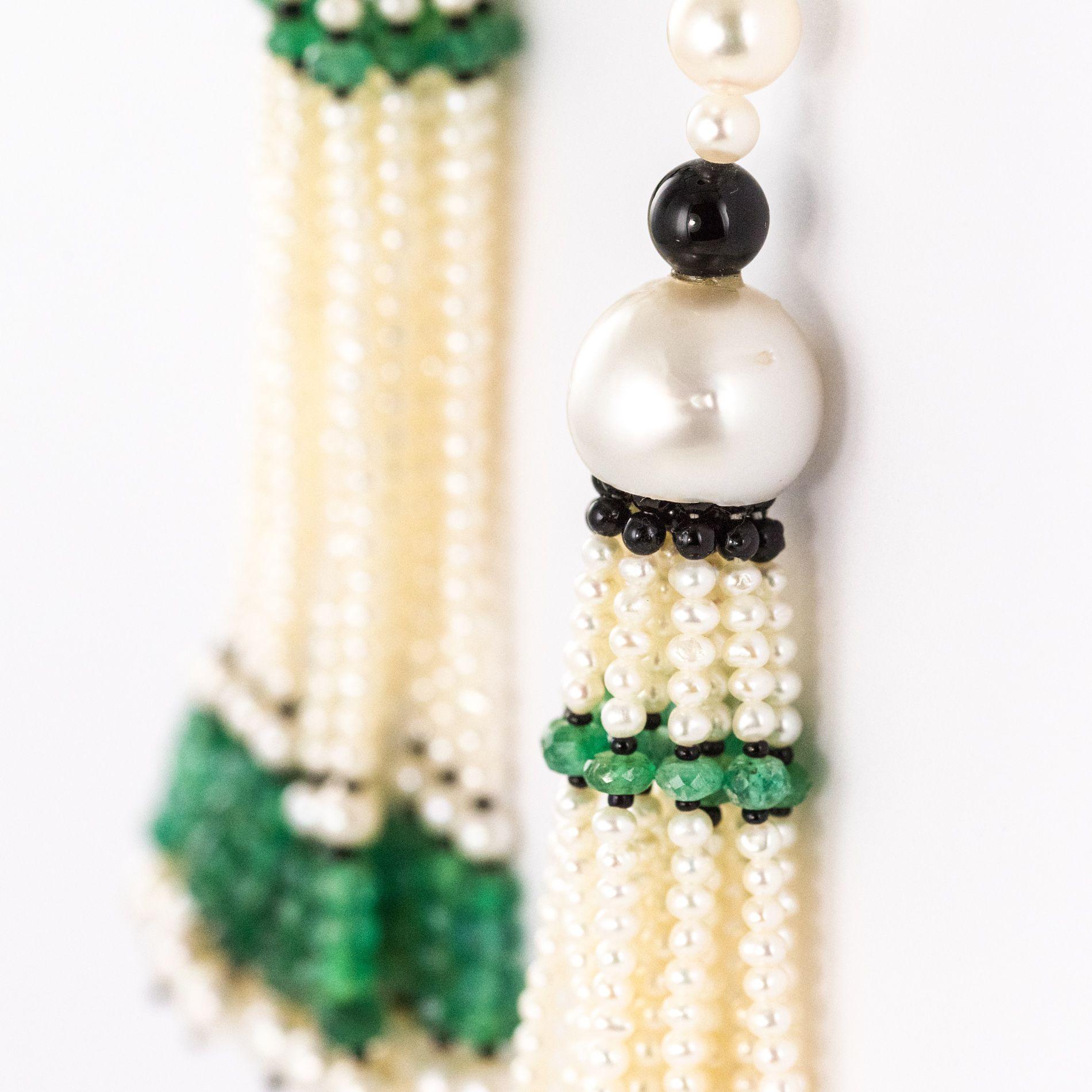 Baume Long Onyx Pearl Emerald Art Deco Style Necklace For Sale 7