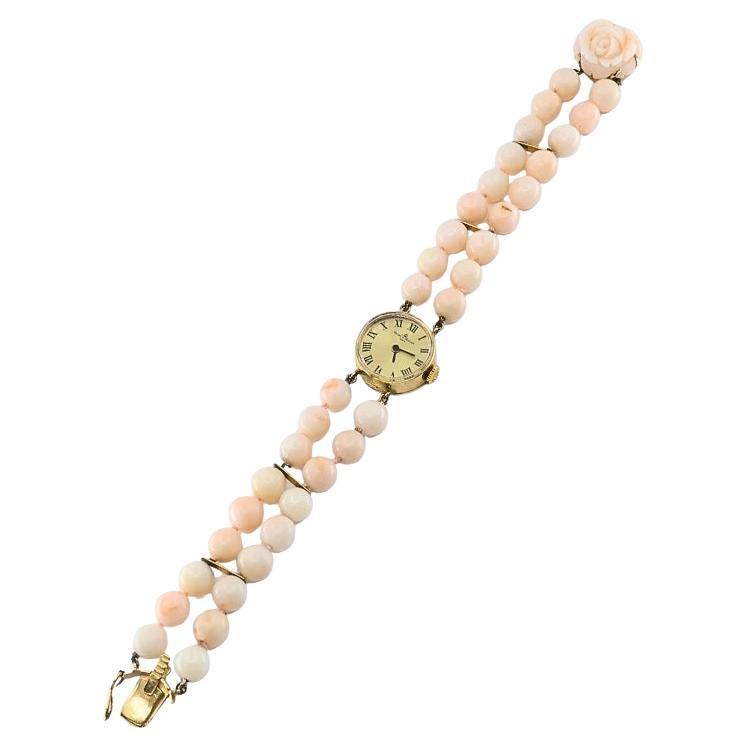 Baume 
Mercier 14k Angel Skin Coral Double Strand Bracelet Watch, 1960s For Sale