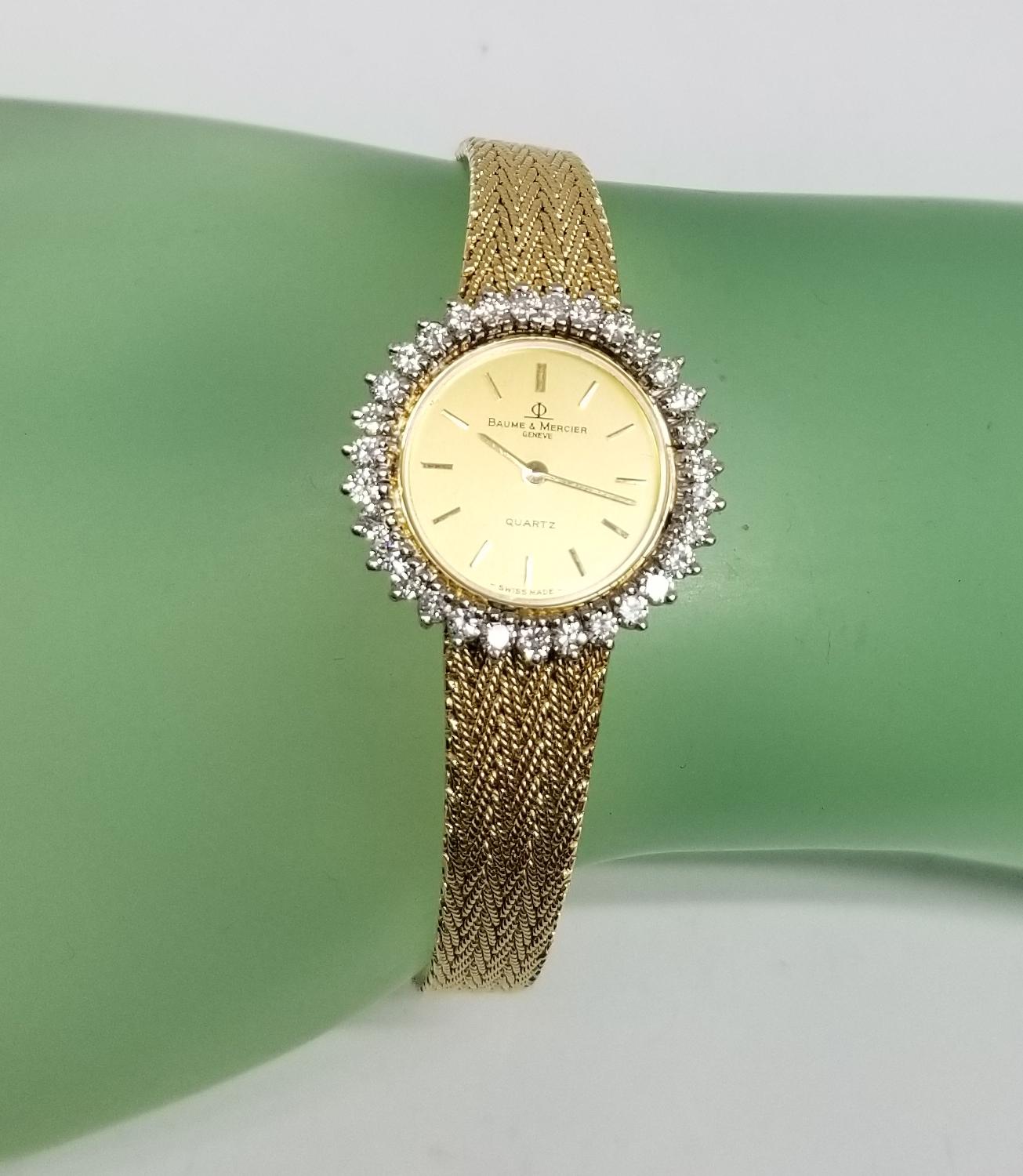Baume & Mercier 14 Karat Yellow Gold and Diamond Watch In Excellent Condition In Los Angeles, CA