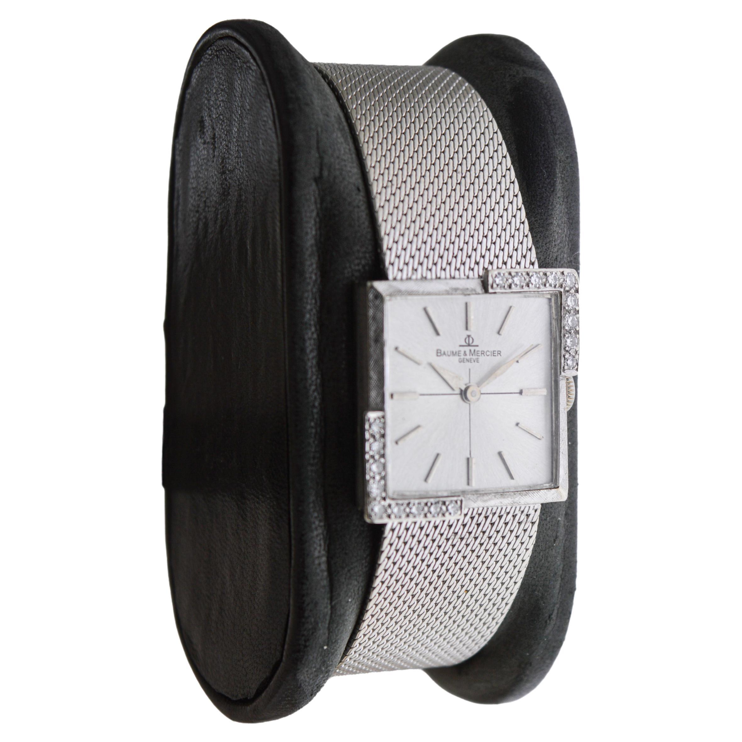 Art Deco Baume Mercier 14Kt. Solid White Gold Bracelet Dress Watch with Diamond Accents For Sale