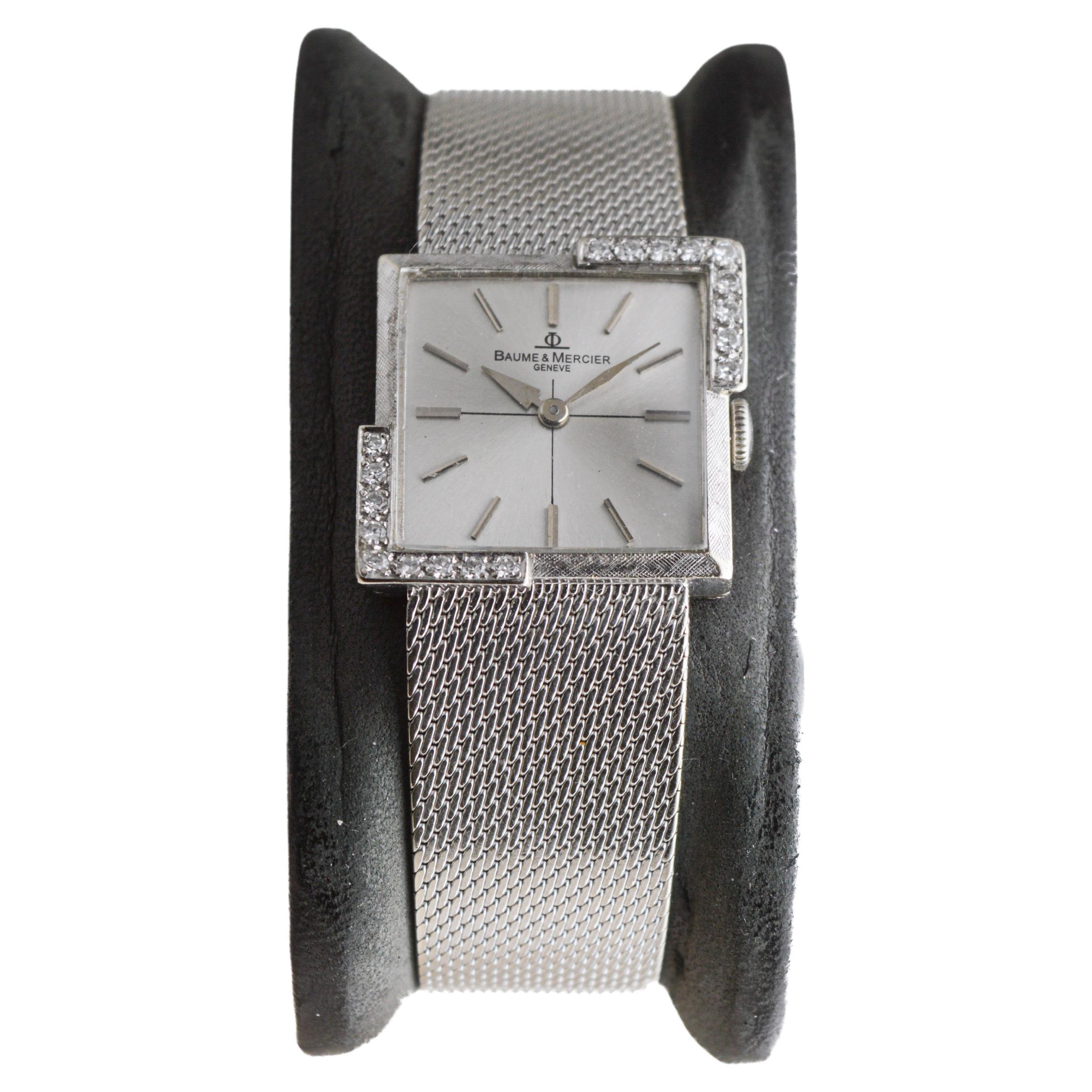 Baume Mercier 14Kt. Solid White Gold Bracelet Dress Watch with Diamond Accents In Excellent Condition For Sale In Long Beach, CA