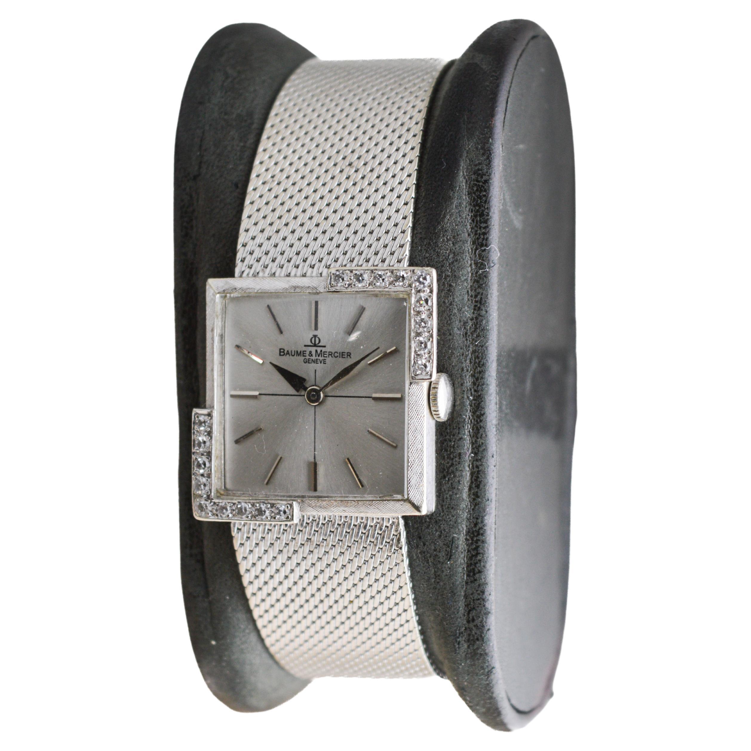 Women's or Men's Baume Mercier 14Kt. Solid White Gold Bracelet Dress Watch with Diamond Accents For Sale