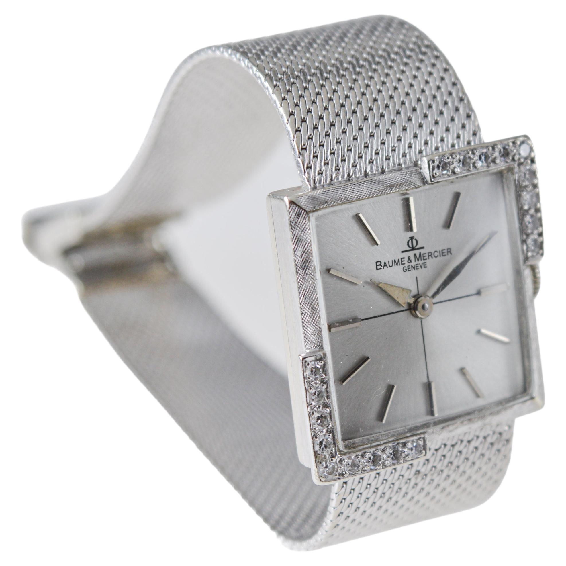Baume Mercier 14Kt. Solid White Gold Bracelet Dress Watch with Diamond Accents For Sale 1