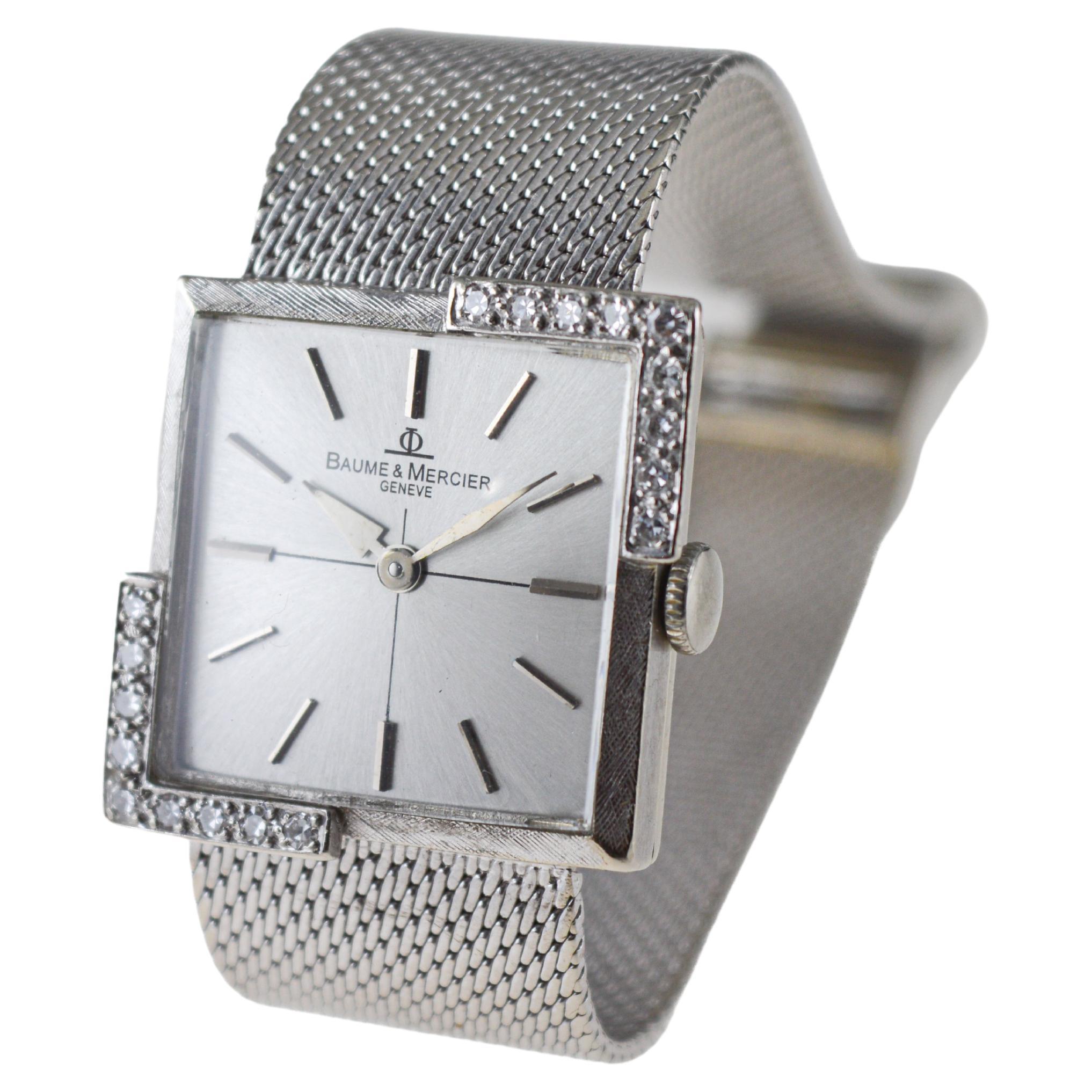 Baume Mercier 14Kt. Solid White Gold Bracelet Dress Watch with Diamond Accents For Sale 3
