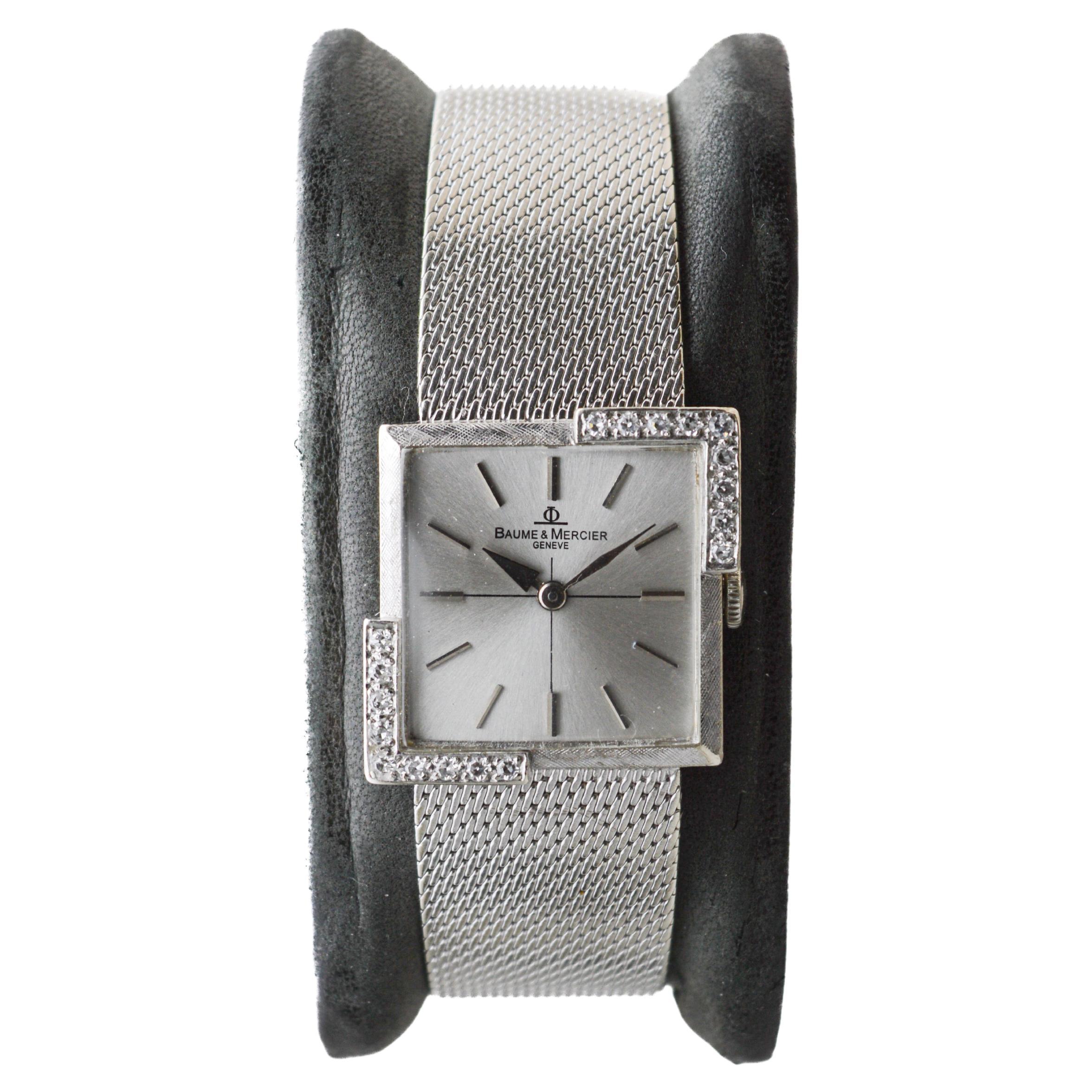 Baume Mercier 14Kt. Solid White Gold Bracelet Dress Watch with Diamond Accents For Sale