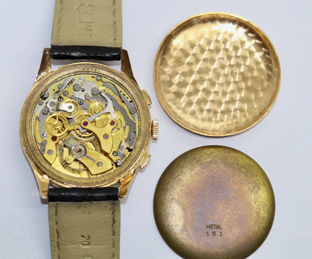 Baume & Mercier 18 Karat Gold Vintage Chronograph, 30 Pulsation, WEMPE Service For Sale 3