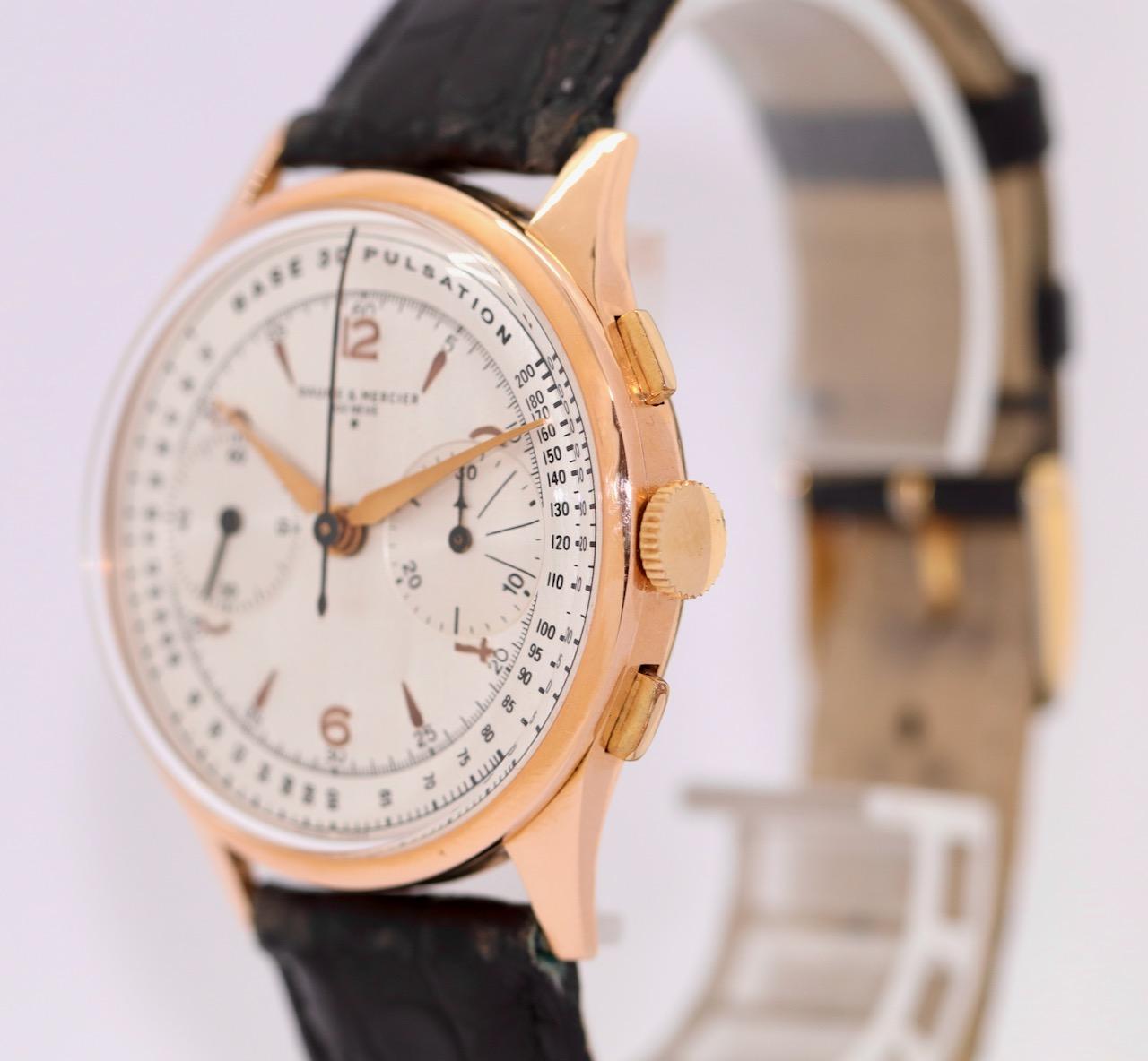 Baume & Mercier, chronographe vintage en or 18 carats, 30 pouces, service WEMPE Bon état - En vente à Berlin, DE