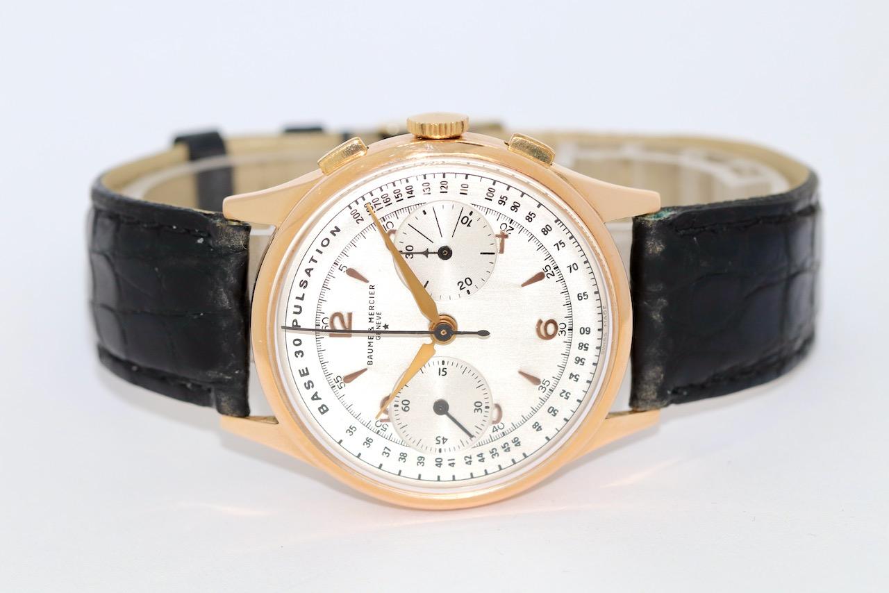 Baume & Mercier, chronographe vintage en or 18 carats, 30 pouces, service WEMPE en vente 1