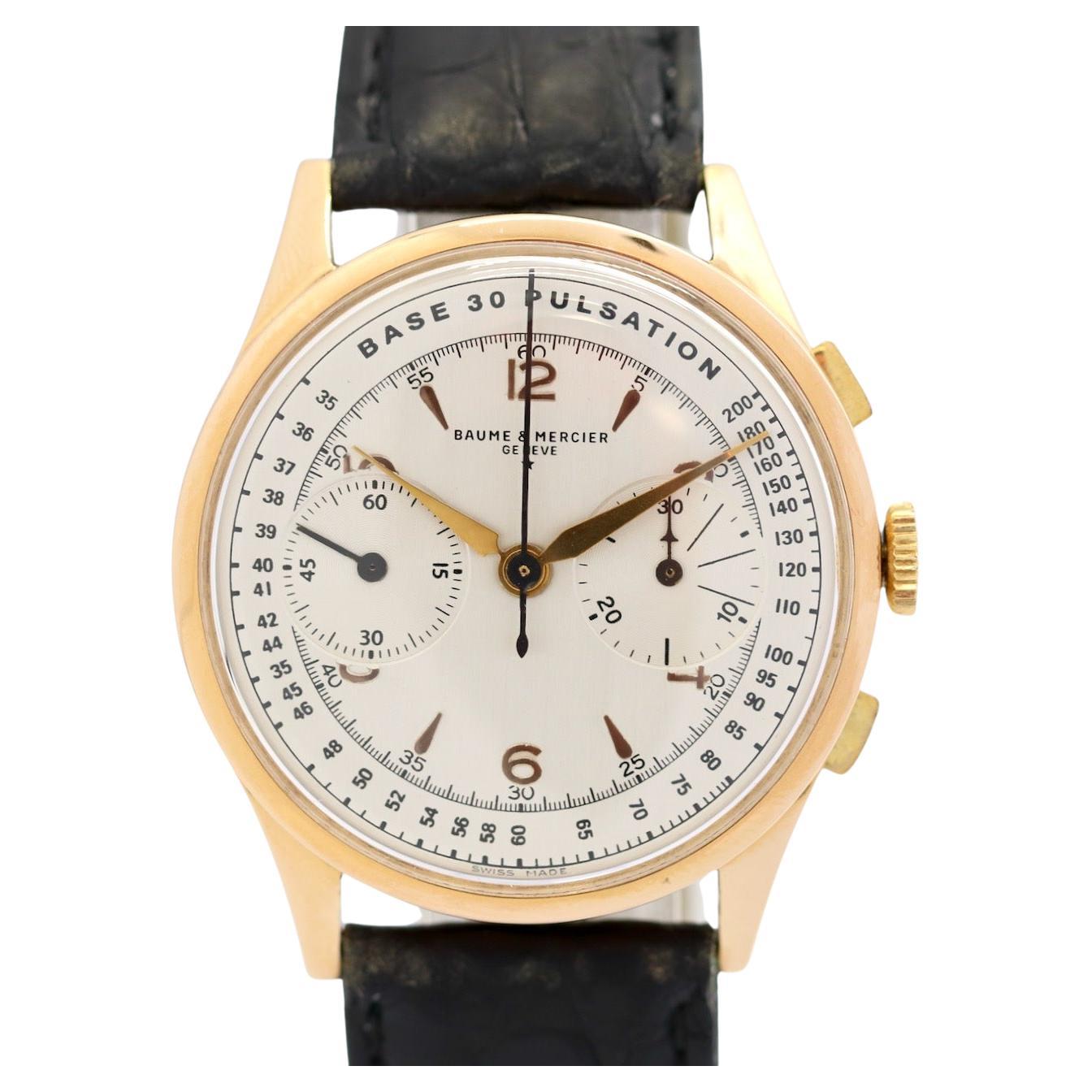 Baume & Mercier, chronographe vintage en or 18 carats, 30 pouces, service WEMPE en vente