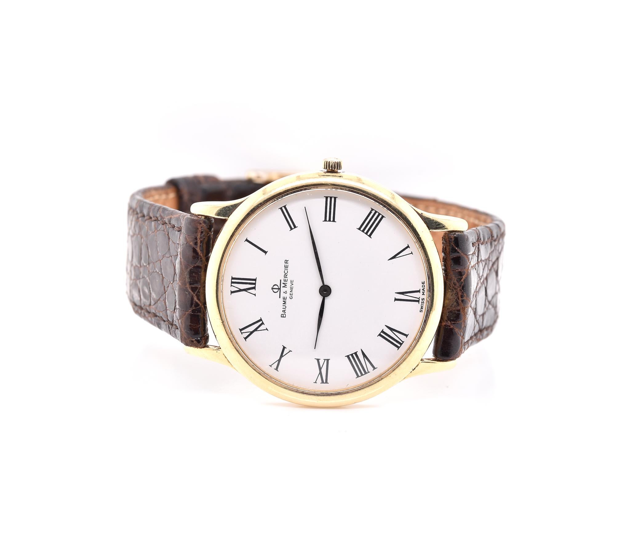 Movement: quartz
Function: hours, minutes
Case: 33.5mm 18K yellow gold round case
Band: brown leather strap with buckle
Dial: white roman dial
Serial # 2345XXX
Reference # MV045079


No box or papers
Guaranteed to be authentic by seller.
