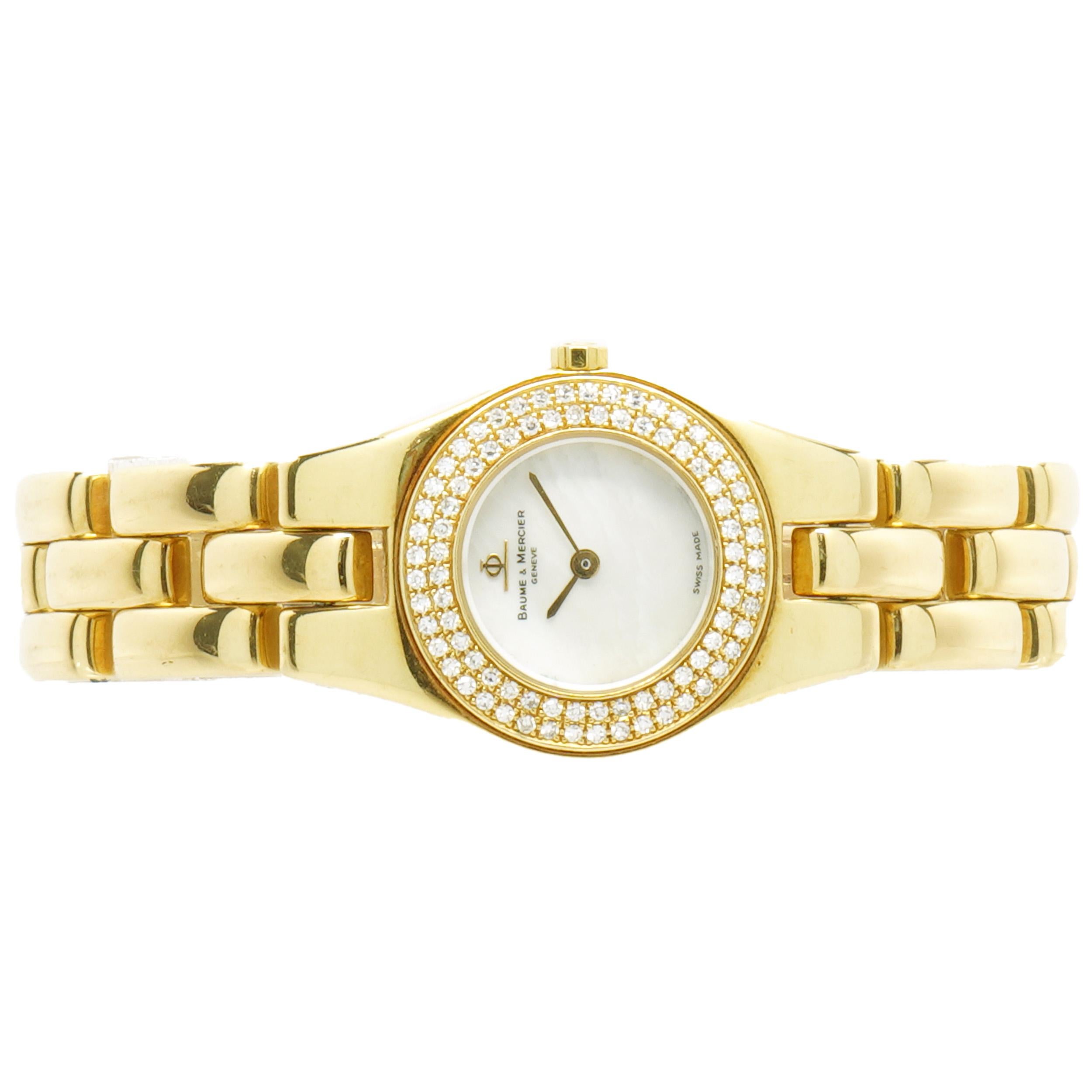 Movement: quartz
Function: hours, minutes
Case: 22.5mm 18K yellow gold round case, double row diamond bezel, sapphire crystal, push/pull crown
Band: 18K yellow gold bracelet, integrated clasp
Dial: mother of pearl
Serial #: 2850XXX
Reference: