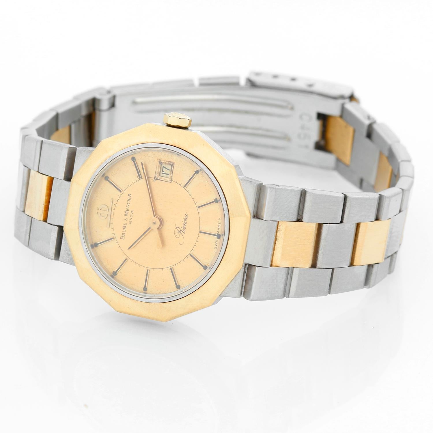 Baume & Mercier 18K Yellow Gold and Stainless Steel Vintage Watch - Quartz. Stainless steel and 18k yellow gold smooth bezel. Champagne dial with date at 3 o'clock. Two-toned link bracelet. Pre-owned with custom box .