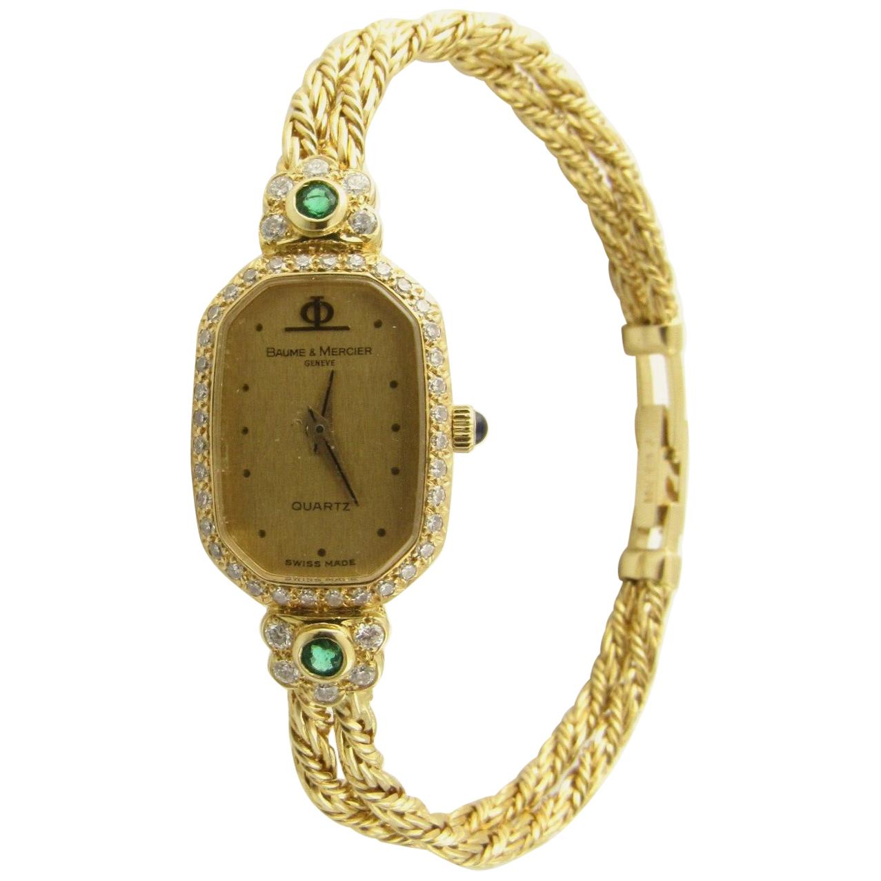 Baume & Mercier 18 Karat Yellow Gold Emerald Diamond Ladies Watch Quartz