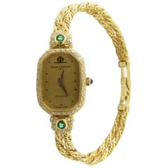 Vintage Baume & Mercier 18 Karat Yellow Gold Emerald Diamond Ladies Watch Quartz