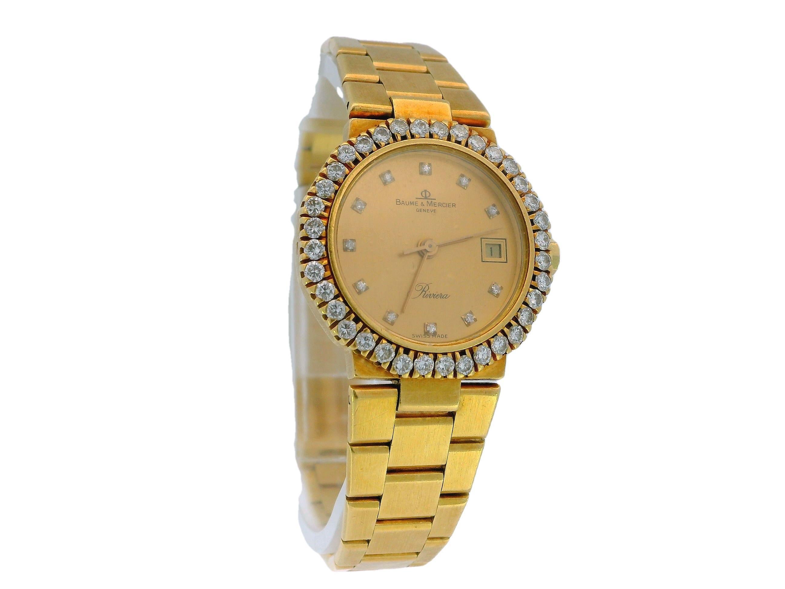 Baume & Mercier 18k Yellow Gold Riviera Flat Bracelet Diamond Bezel & Dial In Good Condition For Sale In Great Neck Plaza, NY