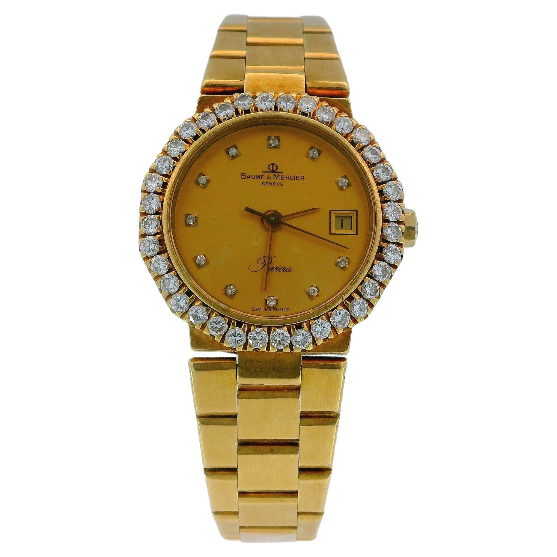 Baume & Mercier 18k Yellow Gold Riviera Flat Bracelet Diamond Bezel & Dial