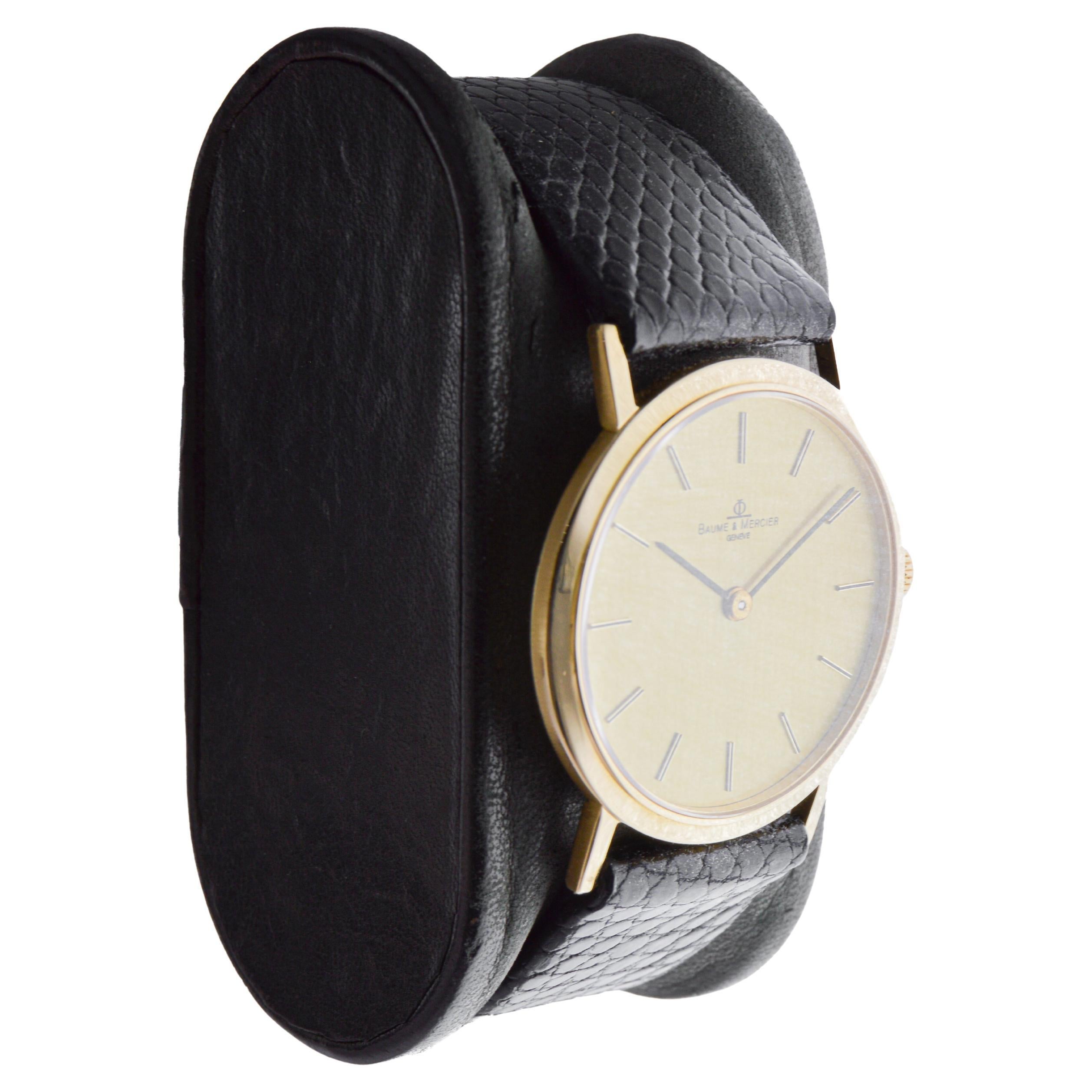 FACTORY / HOUSE: Baume & Mercier
STYLE / REFERENCE: Dress Watch / Reference 35130
METAL / MATERIAL: 18Kt Solid Gold
CIRCA / YEAR: 1980's
DIMENSIONS / SIZE: Length 37mm Lug Tip to Lug Tip X Diameter 32mm
MOVEMENT / CALIBER: Manual Winding / 17 Jewels