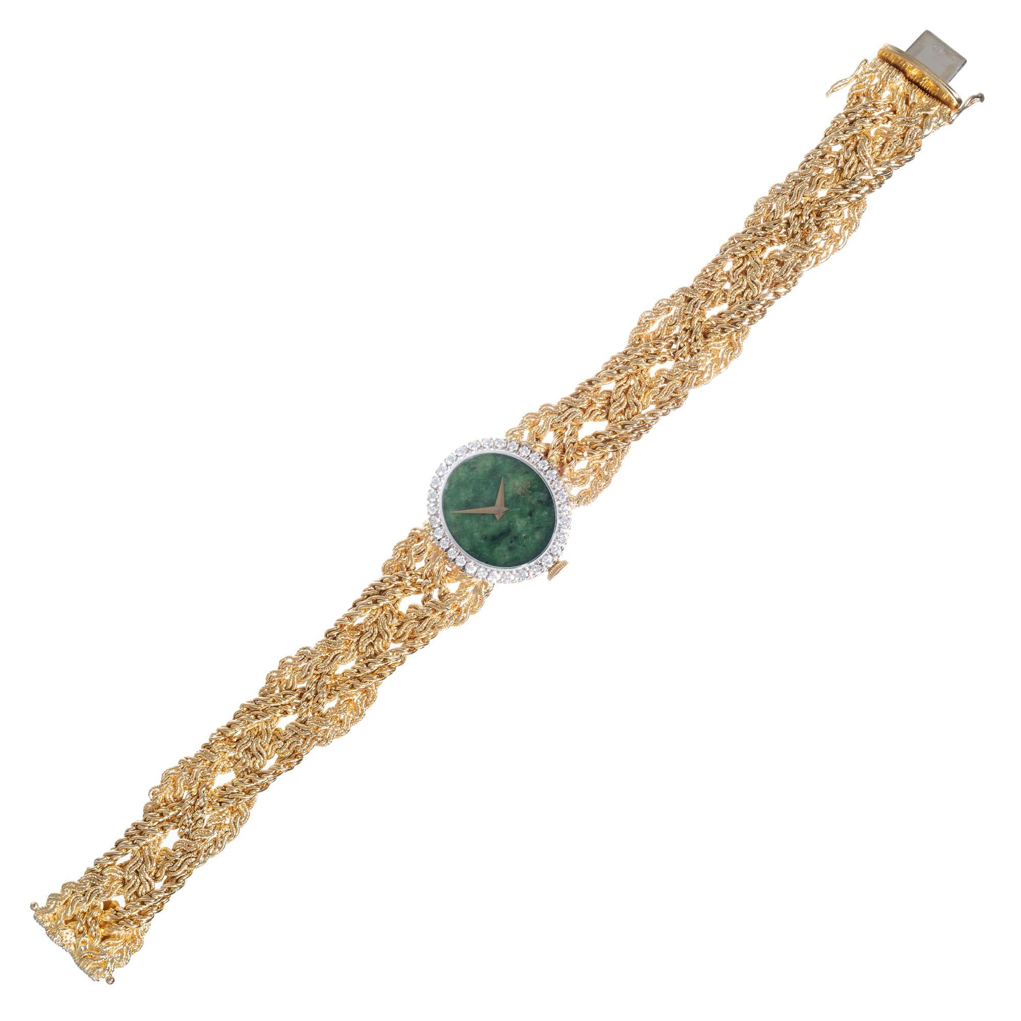 Round Cut Baume & Mercier .75 Carat Diamond Jade Yellow Gold Ladies Wristwatch For Sale