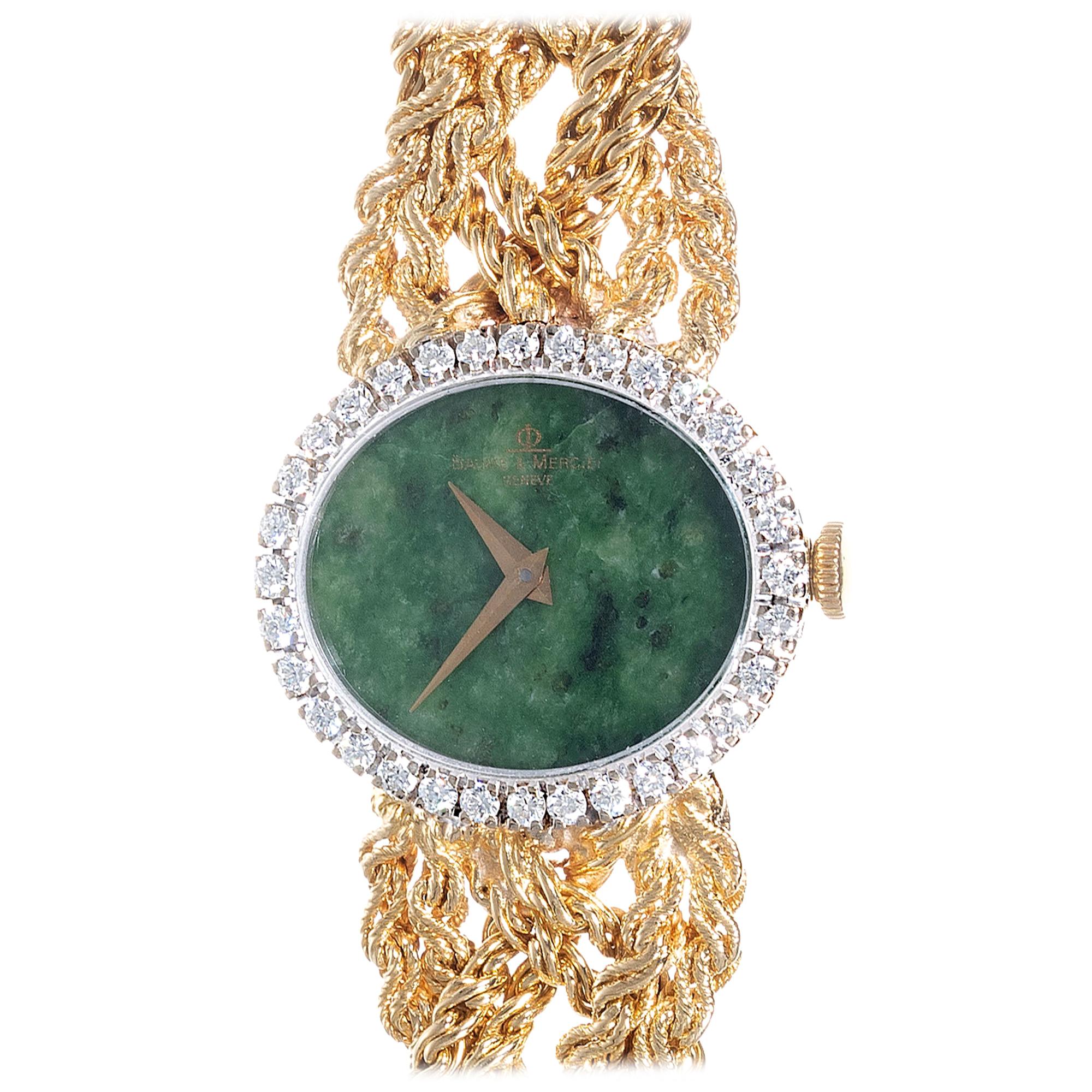 Baume & Mercier .75 Carat Diamond Jade Yellow Gold Ladies Wristwatch For Sale